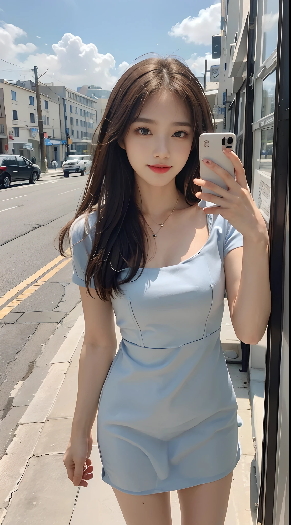 ((Best picture quality, 8K, tmasterpiece: 1.3)), self-shot, Sharp focus: 1.2, A cute beauty with a perfect figure: 1.4, Slim big breasts, ((Brown hair black)) , (Small flesh-colored dress，Highly detailed face，Happy expression，standing on your feet：1.2），（（A city with blue skies and white clouds，At the cafe：1.3. Produced with a major focus on women）），Highly detailed facial and skin texture，Detailed eyes，二重まぶた