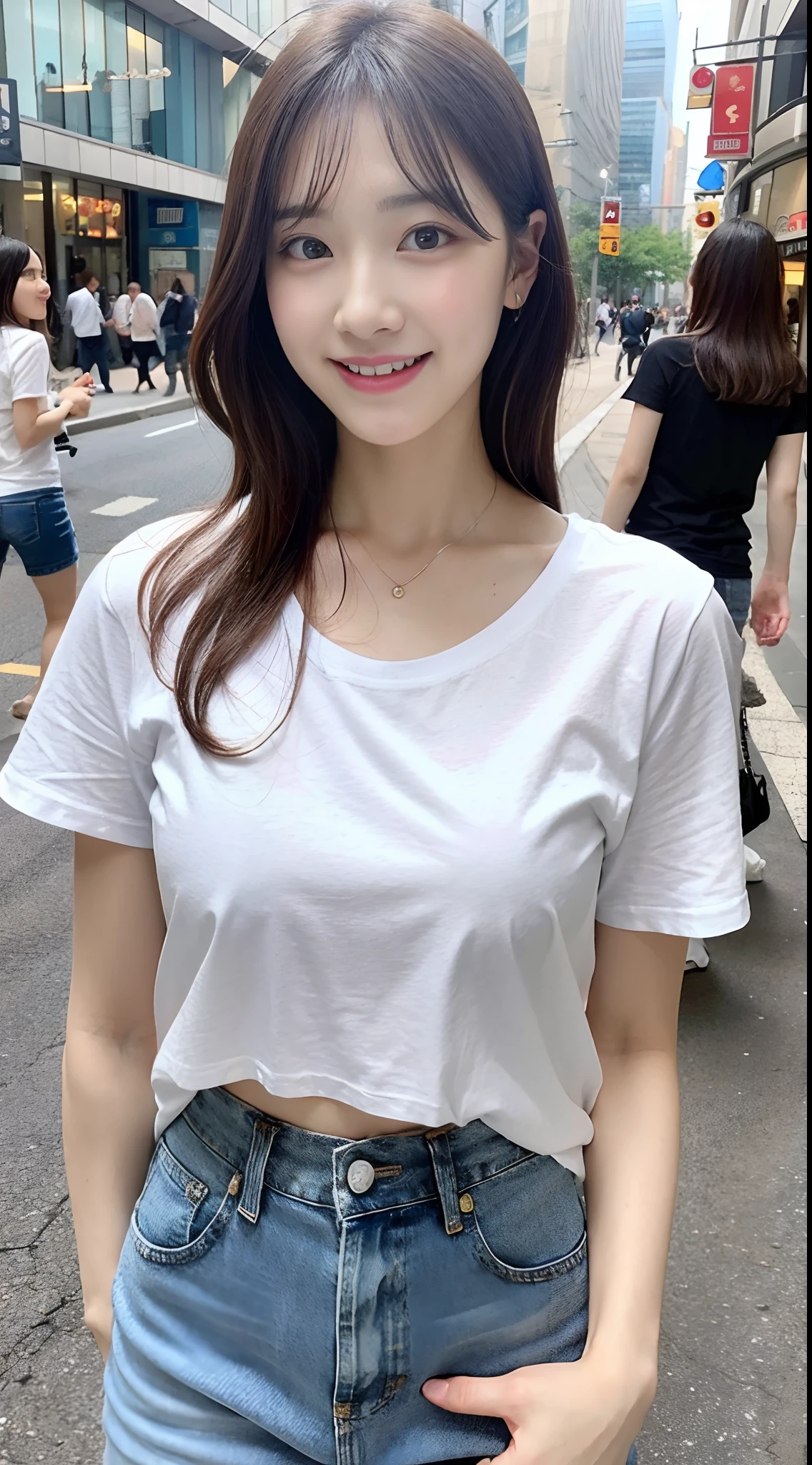 Cute girl in white t-shirt and denim skinny pants poses in the middle of the street, Young but sexy body, tiny chest、small tits, innocent smiles、enticing、Seductive、funny pose、Unique Pose、Boy's sexiness