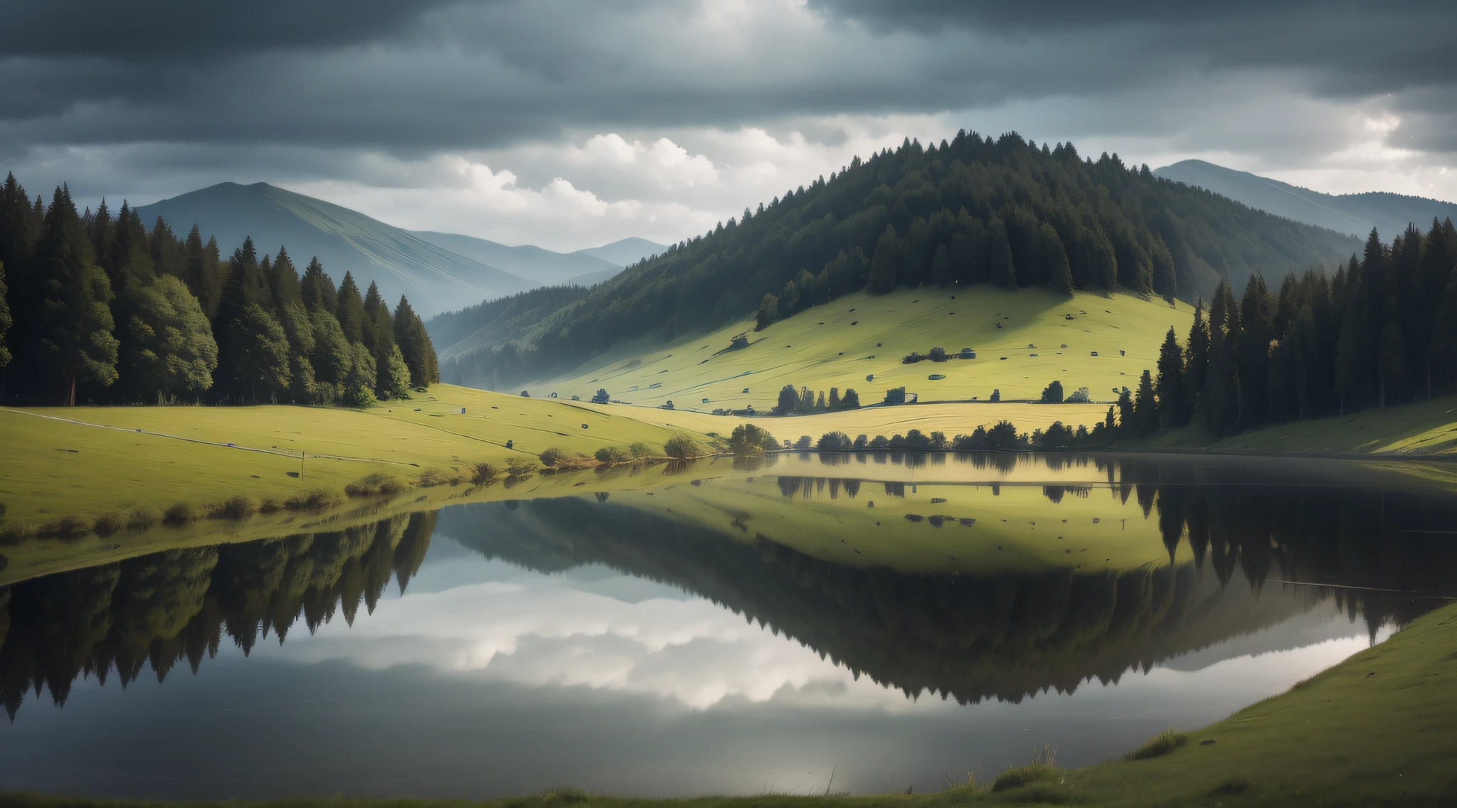 High hills，Meadow，Overlooking，photorealestic，Light，rendering，rainy sky，NOhumans，scenecy，a sense of atmosphere，lake water，Water surface reflection