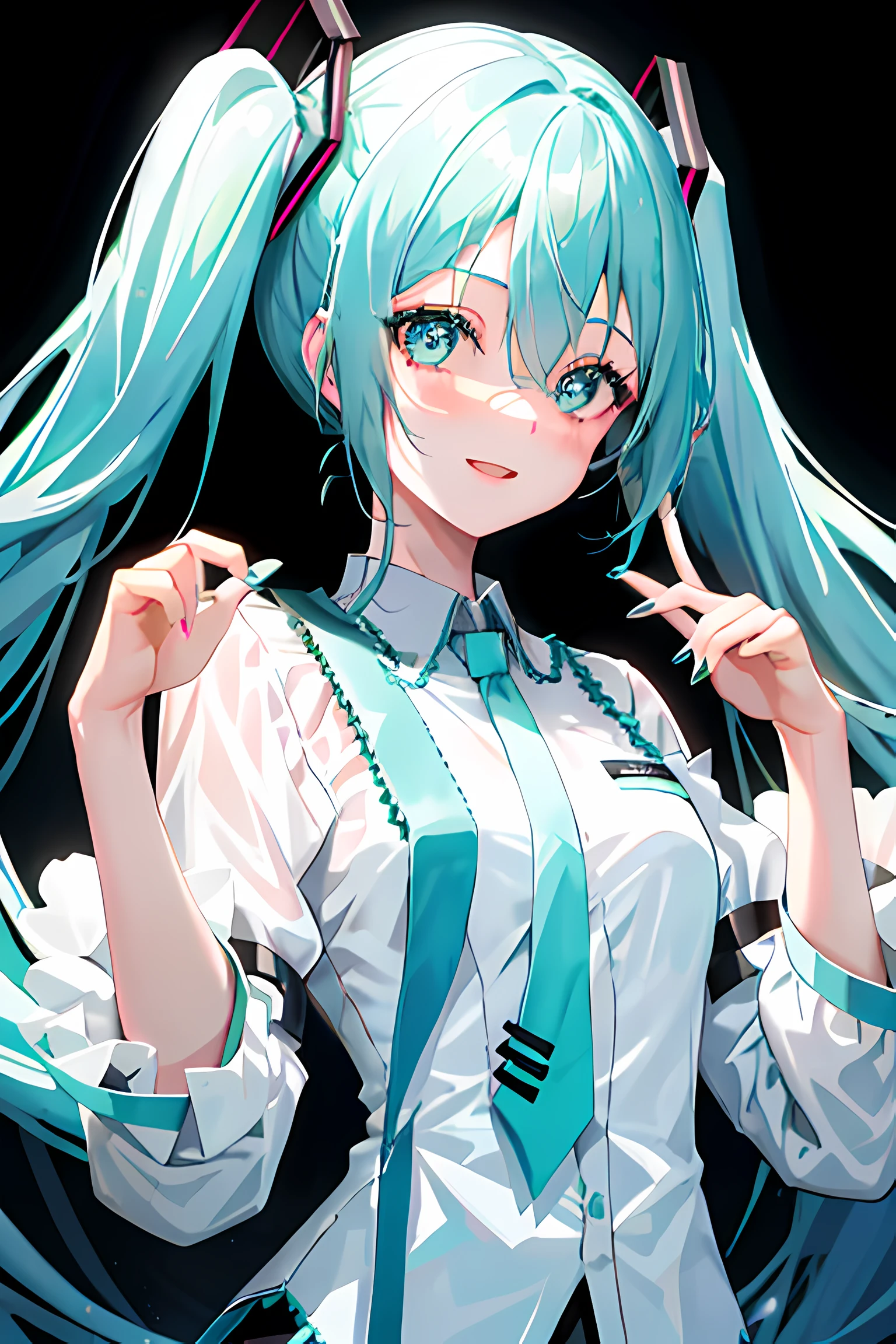 hatsune miku, rostro, 1girl, hermosa, sonrisa apalagosa, ahegao, ojos cerrados, camisa blanca, falda plisada negra, centada, volteando al espectador, ojos cerrados, cabello largo hacia atras, colas gemelas,