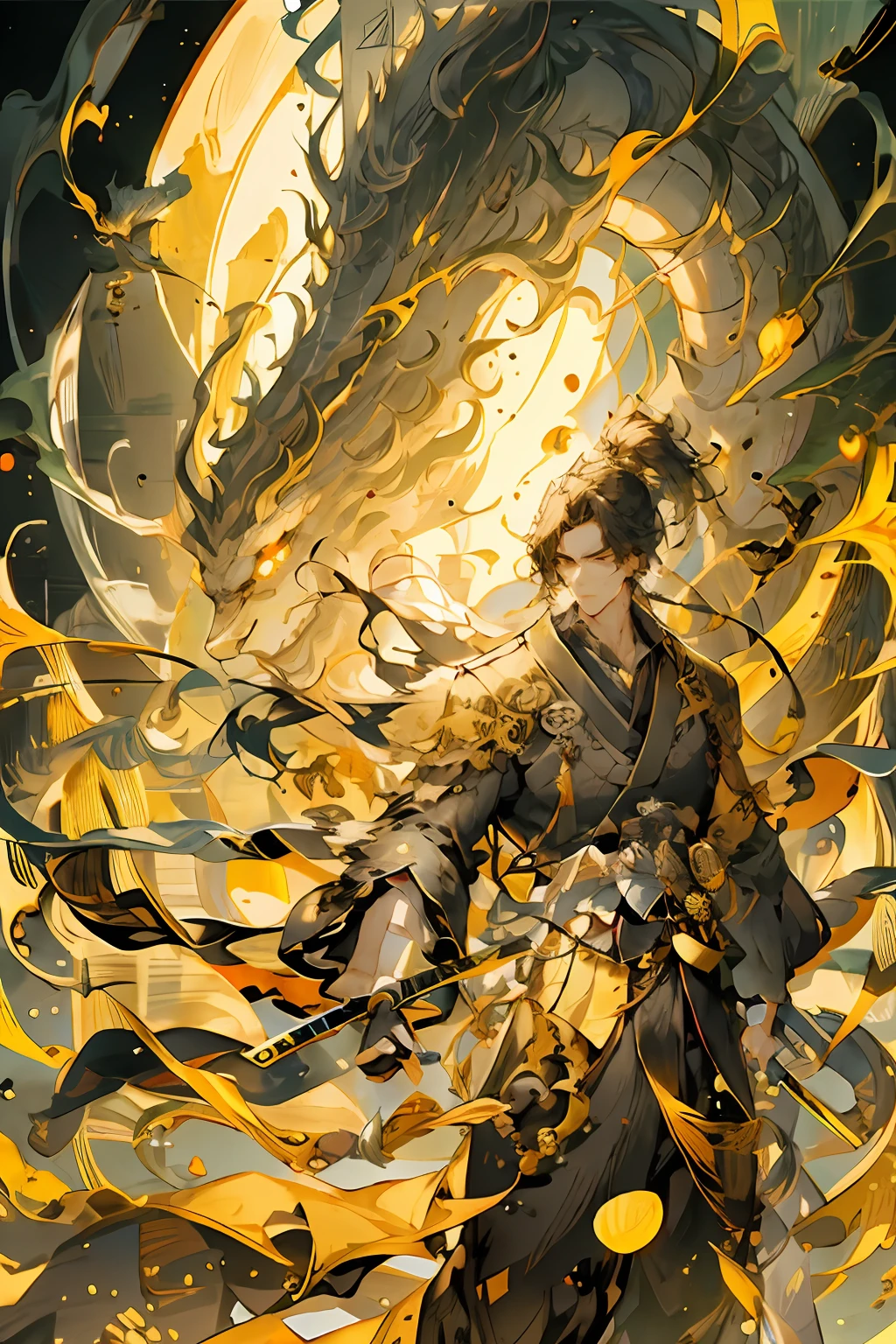 Masterpiece, Best quality, Night, full moon, 1 man, Mature man, Ancient China, Chinese palaces, eagle, Black hair, Black eyes, Split ends of hair, Long hair, Long bangs, Handsome, Diao noodles, chinese crown, Handsome, Masculine, Serious, gentle, Tall, calm, Black and gold alternating costumes, Gold pattern, Dragon pattern, prince, Sword pairing, Side, Facial details, The face is delicate