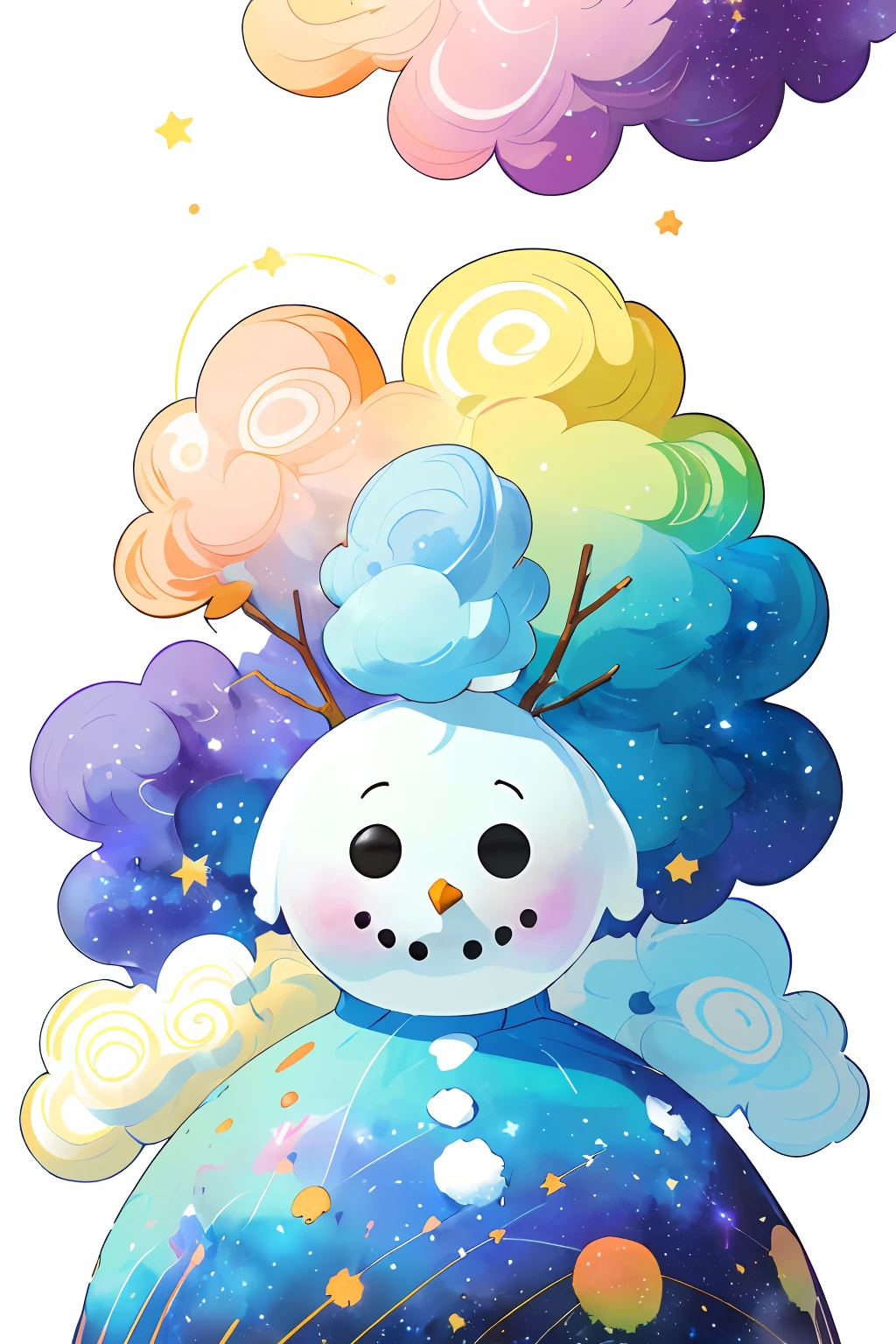 ((巨作)), (((Best Quality))), ((A highly detailed)), ((illustration)),[Realism light effect],shadow,(Fantasy style),(whitebackground:1.6), simple backround, (Earth theme),(cloak)[(Hair concentration,((1girl)),[(Big slime hair): (Hair cloud):0.3], (Hair on the background),(high saturation),(Hair surrounded by galaxy spray),)):((Her hair turns to galaxy clouds.,:1.27628), (Hair and clothing Galaxy clouds and a cluster of stars:1.1025),(A cloak that turns into galaxy clouds)(Colored_galaxy_print_Clusters_da_stars_print:1.35),((Starry sky detailed with galaxy clouds and colorful galaxy):1.2)):0.35], (((巨作))),(((Best Quality))),((A highly detailed)),(illustration),(dynamic angle),((floating)),(color),((ldisheveled hair)),((Beautiful detailed face)),collar,bare shoulders, ((Colorful hair)),((streaked hair)),Beautiful Detailed Eyes,(Colourful, gradient eyes),(((colorful eyes))),(((Colorful background))),(((high saturation))),(((Surrounded by colored spots))),(((Surrounded by a colored dot))),Colorful bubble,((luminous)), )))   (((Man Snowman)))
