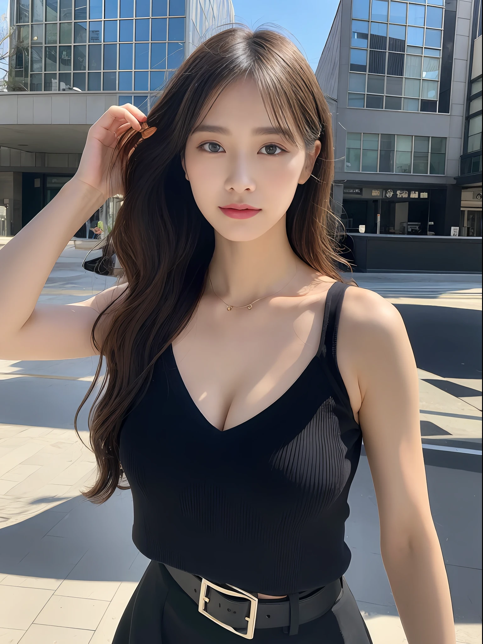 1 girl in, (Best Quality, High resolution, masutepiece :1.3), A tall and pretty woman, Slender Abs, Dark brown hair styled in loose waves, Large breasts, no-bra, cleavage of the breast, wearing pendant, White T-shirt, Belt bag, Black skirt, (Modern architecture in background), Details exquisitely rendered in the face and skin texture, Detailed eyes, 二重まぶた