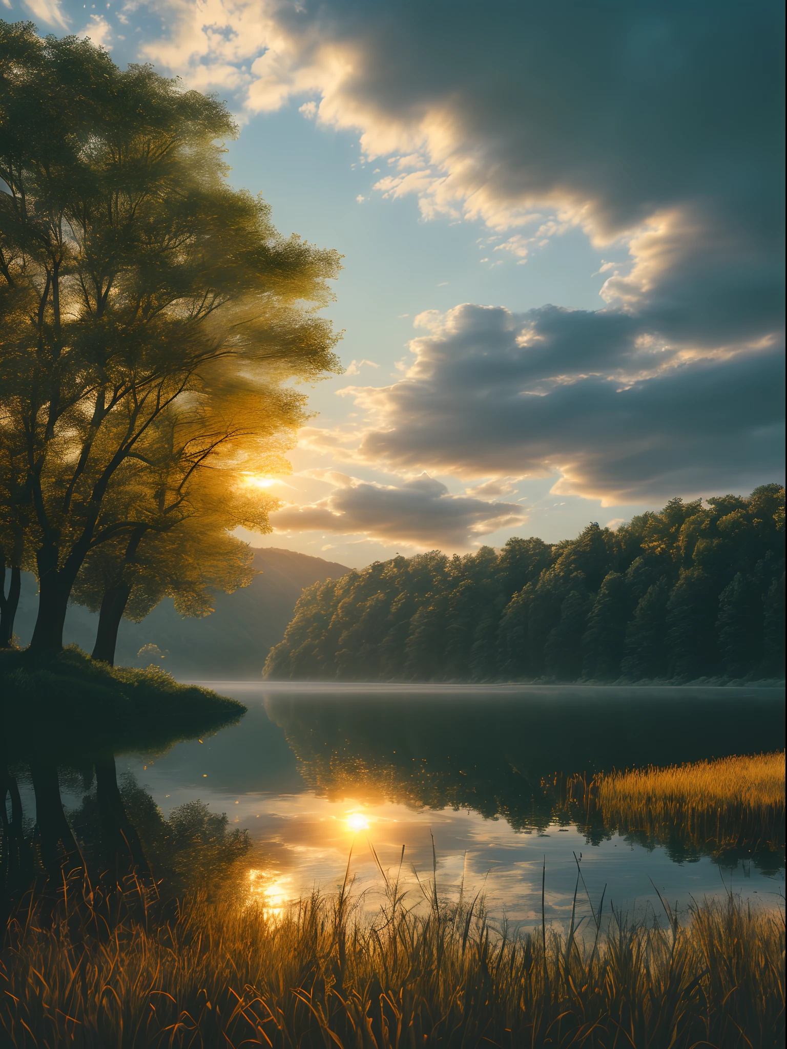 Wallpaper, summer, lake, dawn, forest, clouds, dawn background, depth of field, HD detail, hyperdetail, cinematic, soft light, deep field focus bokeh, ray tracing, diffuse (ultra-fine glass reflection) and realism. --v6