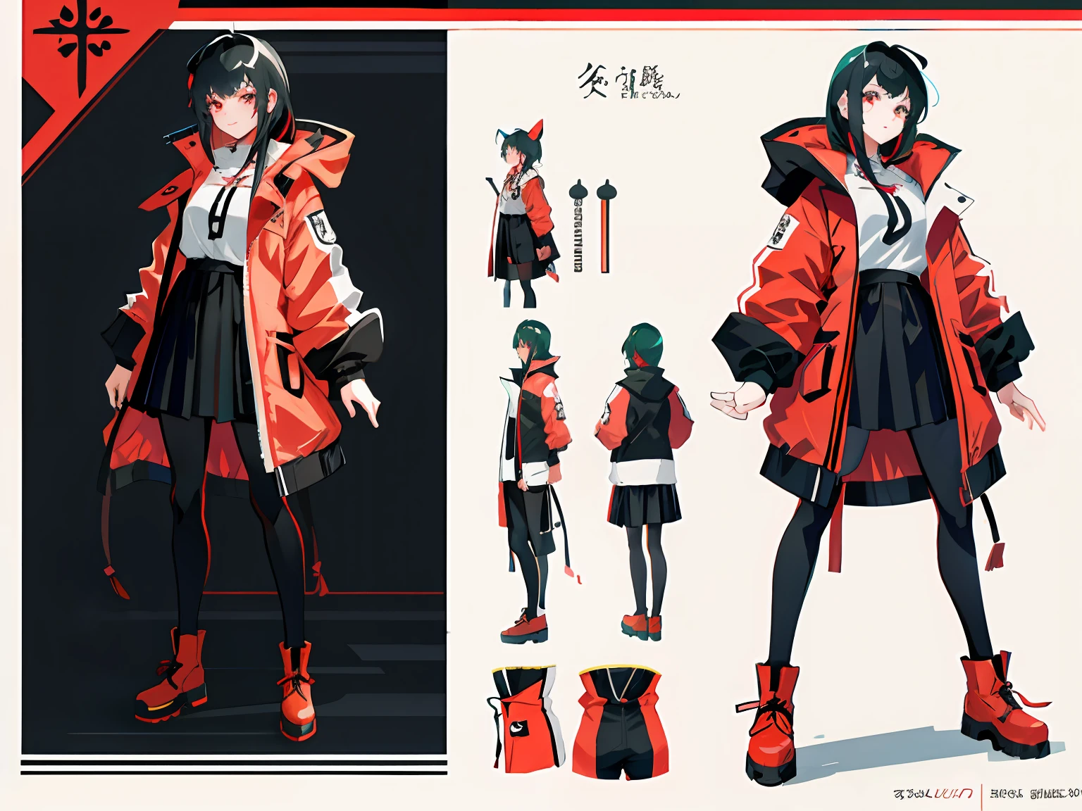 highr，1girll，Long legs，Red and black shirts，Red and black skirt，Red and black mechanical windproof boots，Large red and black trench coat，Long red and black hair，Red eyes，stand posture，red katana，HighestQuali,4K，Chinese girl design，Genshin detailed art，Anime character design，anime concept art，pretty anime character design，anime character reference sheet，[character  design]，4k，the detail