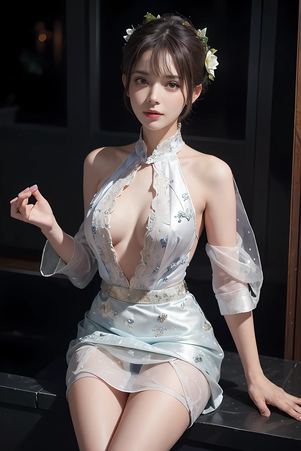 (Front focus),(in the darkness nigth:1.6),Surrealist portraits of women by David Hockney and Alphonse Mucha,Fantasyart,photographrealistic,动态照明,art stations,poster for,Volumetriclighting,Very detailed faces,4 k'',Award-winning dark brown sheer lace vest,Exposing the abdomen,Wear a beautiful embroidered skirt,Inside is set with diamonds and sparkling stars。Snow-white sexy,Decorated with fine embroidery and fine jewelry,Exposing the abdomen ,Chest 1 girl, In the dark, deepshadow, low tune, Cowboy shot,(official clothes:1.4),Short-haired children's flower head,Lying in the bath,The eyes are confused and seductive,legs separated,Expose privacy