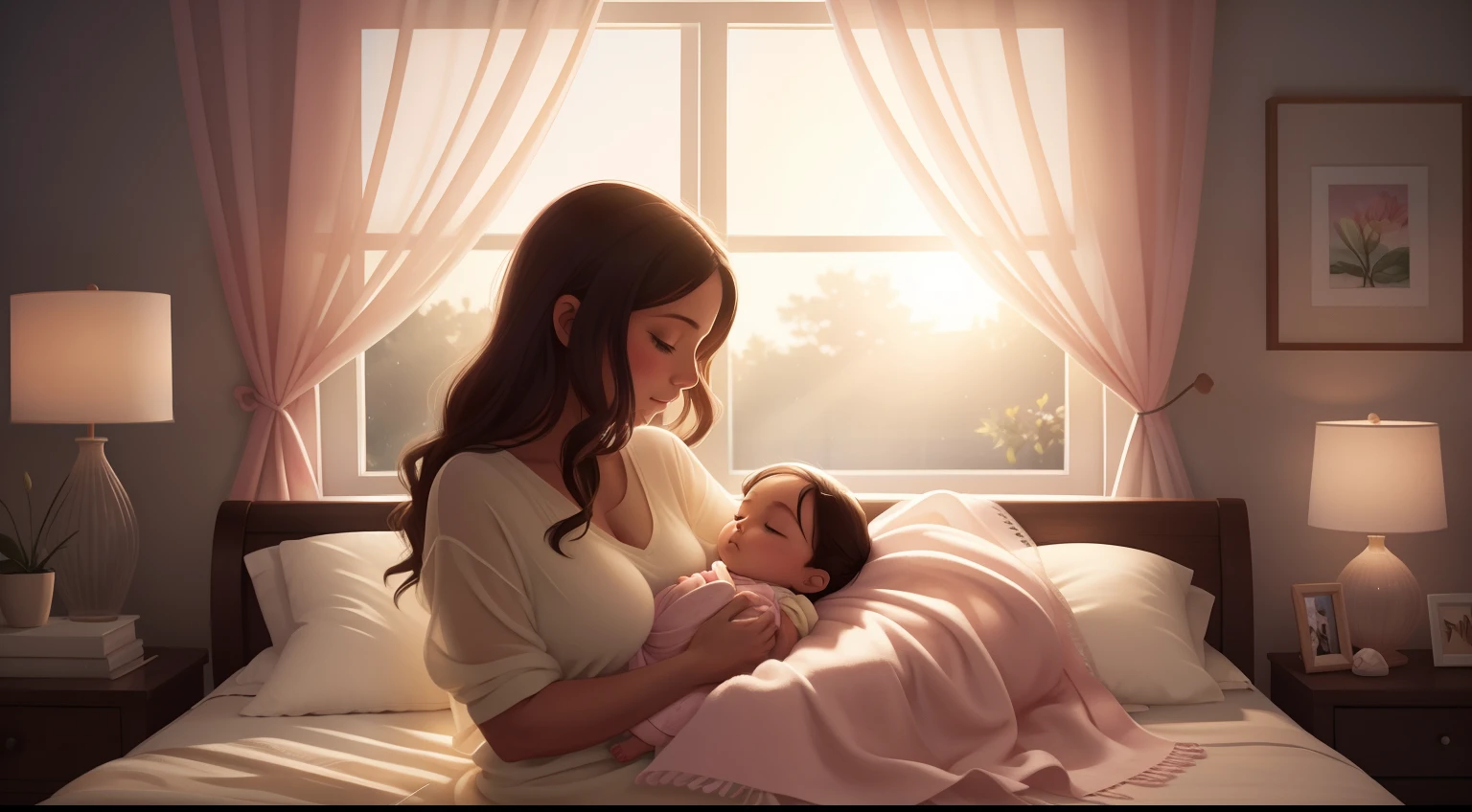 In a serene bedroom, Mom cradles her , surrounded by soft blankets and a gentle color palette. Sunlight filters through sheer curtains, highlighting the tender bond between mother and child.