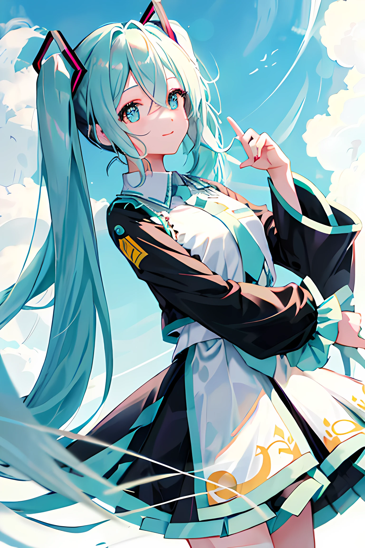hatsune miku, rostro, 1girl, hermosa, sonrisa apalagosa, ahegao, ojos cerrados, camisa blanca, falda plisada negra,  centada, volteando al espectador, ojos cerrados, cabello largo hacia atras, colas gemelas,