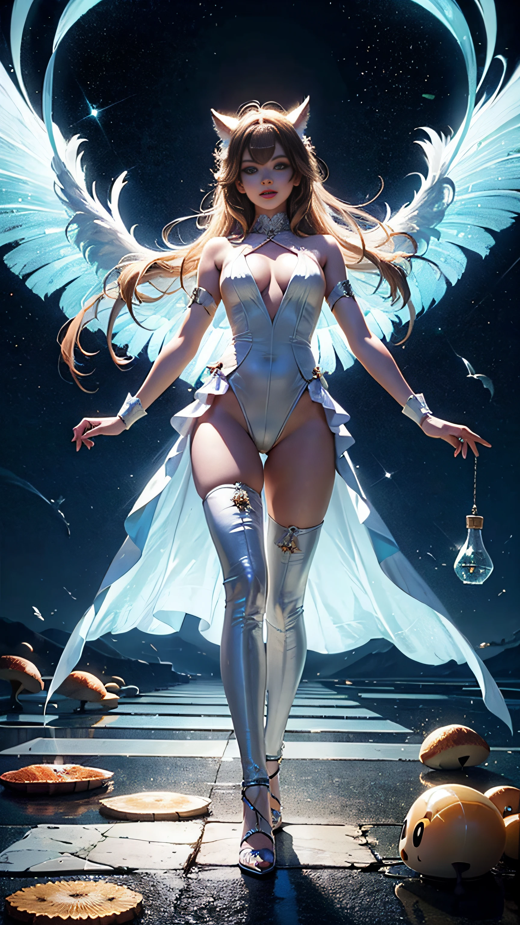Super beautiful glowing big eyes, bunny girl, protrate, ((top-quality)), ((masterpiece)), ((realisitic)), (detaileds), Reflective Luminous White:1.5, Texture glossy orange:1.3, 1 Sticky jumpsuit(cammel toe)beautiful young woman with, A sexy, Photo from top to bottom, A lot of glowing neon mushrooms, a Mandala, Cinematic, sharp, Ray traching, cheerfulness, Lightness
