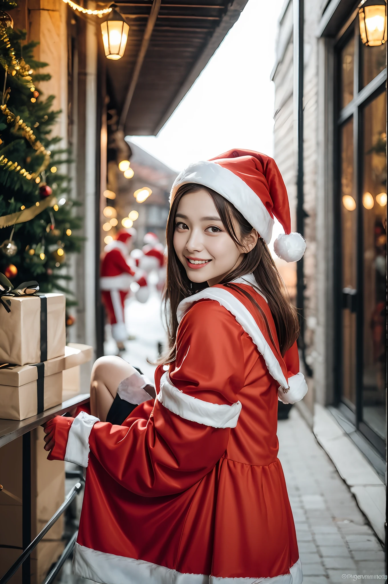 (((santa claus costume))),(((looking at viewer:1.5))),(((sit and stretch legs))),(((view full body))),(((Photographing a girl from side))),ulzzang-6500-v1.1, (Raw photo:1.2), (Photo realistic:1.4), a beautiful detailed girl, extremely detailed eye and face, beautiful detailed eyes, ultra-detailed, High resolution, top-quality, masterpiece, highly detailed, 8k wallpaper, Wonderful, finely detail, top-quality, Light on the face,电影灯光,1girl in,(Christmas market in Stuttgart),Beautiful eyes,smile,Opening Mouth