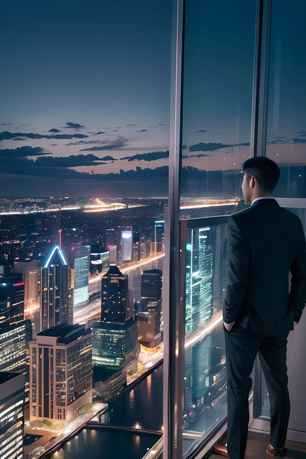 RAW photogr, Masterpiece,Best quality, Delicate and beautiful, 8K wallpaper, A man , Black dress, Solo, Night, standing next to glass window on skycraper room, aerial view of cityscape from windows