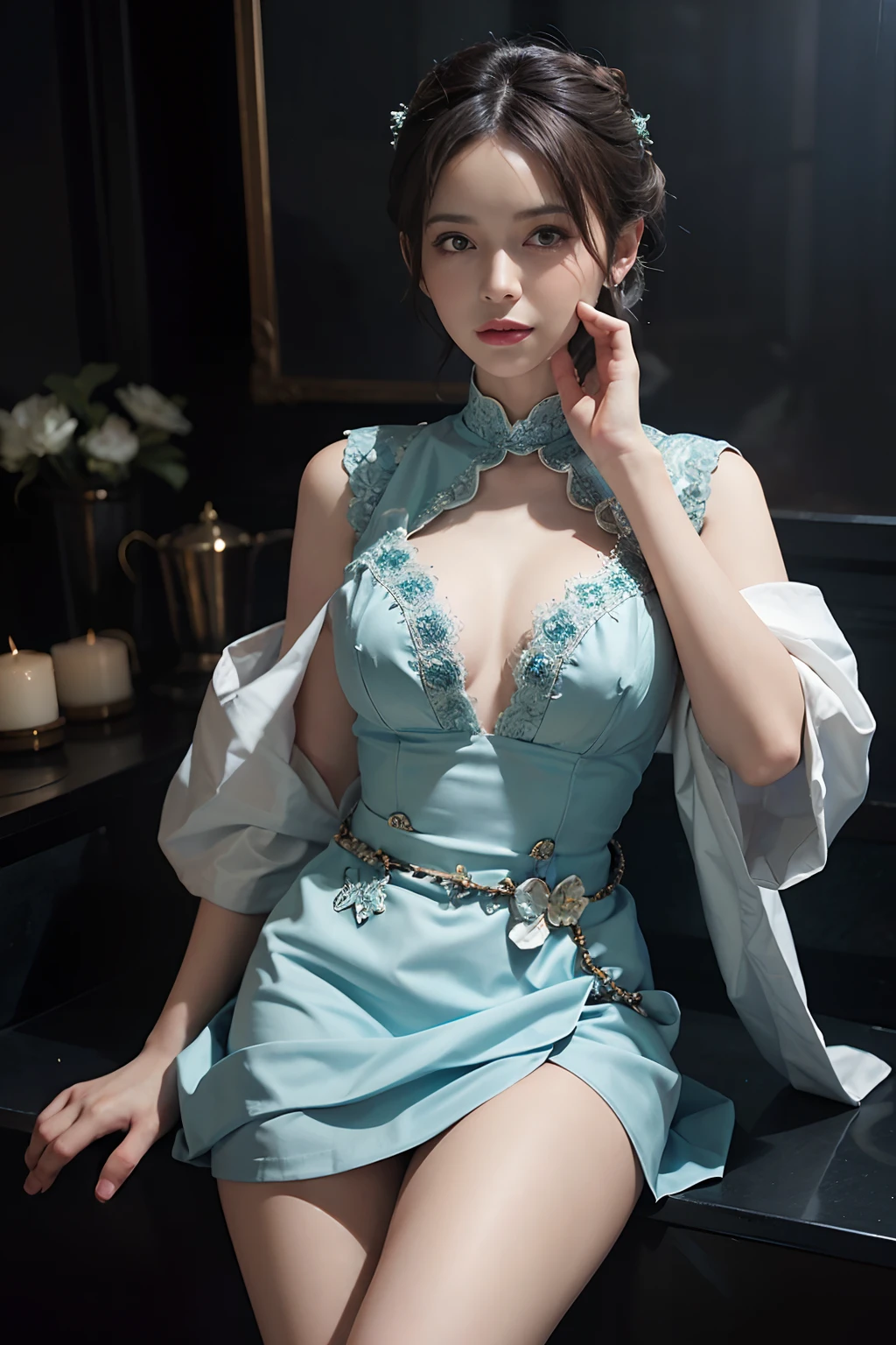 （Front focus），（in the darkness nigth：1.6），Surrealist portraits of women by David Hockney and Alphonse Mucha，Fantasyart，photographrealistic，动态照明，art  stations，poster for，Volumetriclighting，Very detailed faces，4 k''，Award-winning dark brown sheer lace vest，Exposing the abdomen，Wear a beautiful embroidered skirt，Inside is set with diamonds and sparkling stars。Snow-white sexy，Decorated with fine embroidery and fine jewelry，Exposing the abdomen ,Chest 1 girl, In the dark, deepshadow, low tune, Cowboy shot,(official clothes:1.4),Short-haired children's flower head,Lying in the bath，The eyes are confused and seductive，legs separated，Expose privacy