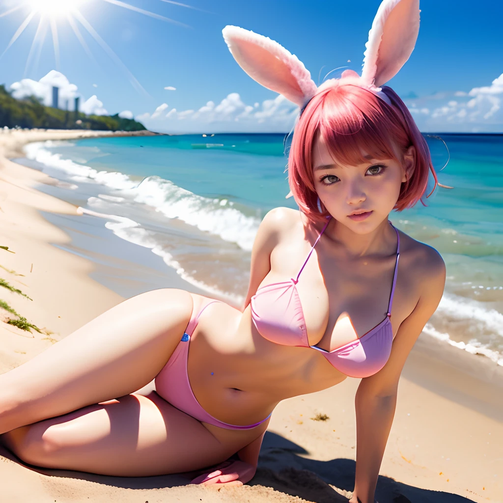 hawaii、the beach、Gravure photography、Realistic rabbit ears、rabbit ears sticking out of the head,,,,、Pink hair、Pink rabbit ears、1 girl in、独奏、pink hoodie、masterpiece、top-quality、realisitic、Hyper-detailing、(Glossy skin)、absurderes、Looking at the camera、short pink hair、Brown-eyed、Slender beauties、动态照明、hight resolution、foco nítido、depth of fields、Detailed eye、Sharp eyes、Realistic eyes、(thick thight:1.0)、Beautuful Women:1.4、Slender Abs:1.2、((Short-cut bob hair))、((small tits:1.4))、((k pop:1.3))、((The bikini))、Highly detailed facial and skin texture、((the pose))、((魅惑的))、Anatomically correct number of fingers、Correct anatomy、