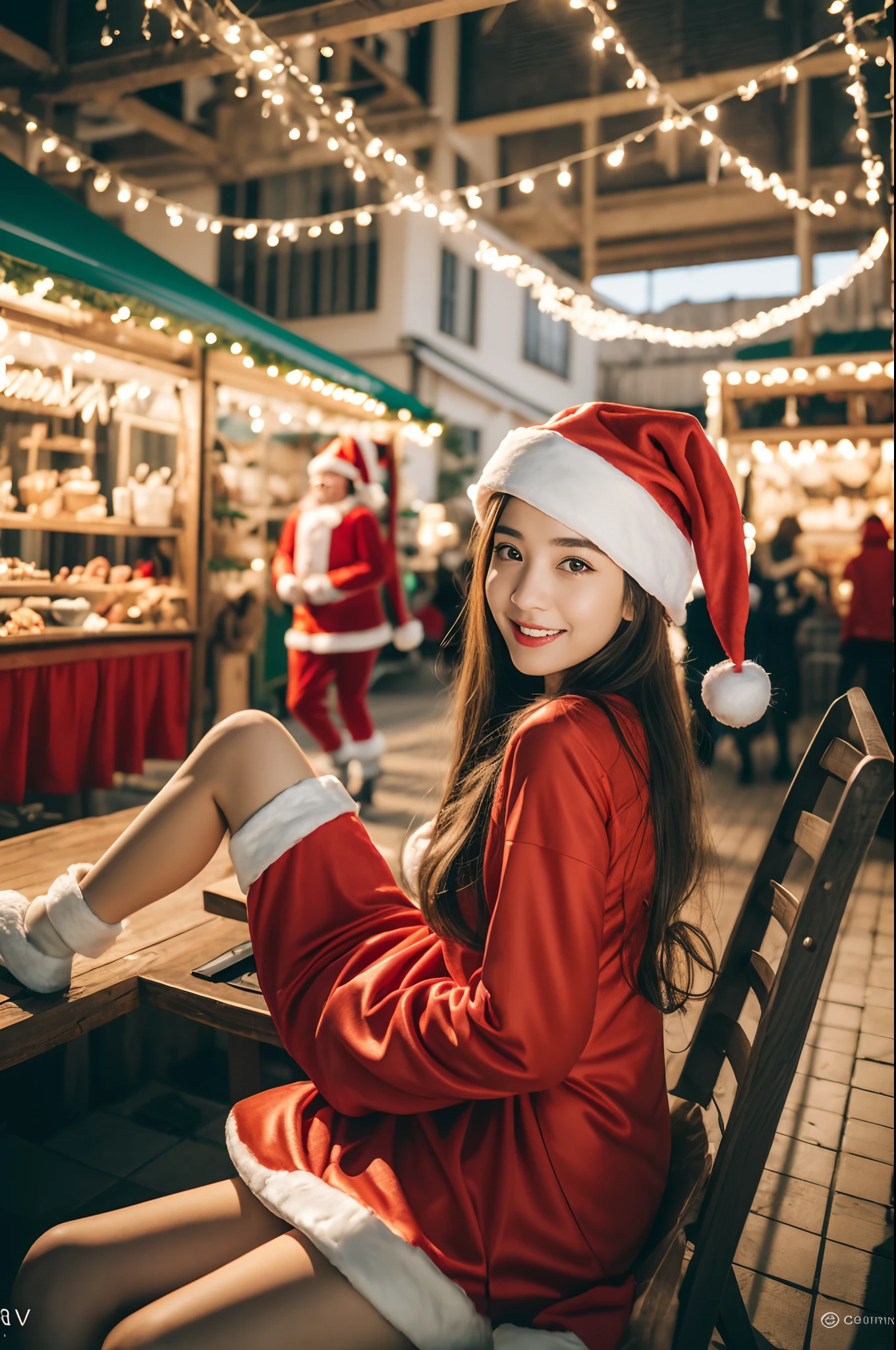 (((santa claus costume))),(((looking at viewer:1.5))),(((sit and stretch legs))),(((view full body))),(((Photographing a girl from side))),ulzzang-6500-v1.1, (Raw photo:1.2), (Photo realistic:1.4), a beautiful detailed girl, extremely detailed eye and face, beautiful detailed eyes, ultra-detailed, High resolution, top-quality, ​masterpiece, highly detailed, 8k wallpaper, Wonderful, finely detail, top-quality, Light on the face,电影灯光,1girl in,(Christmas market in Stuttgart),Beautiful eyes,smile,Opening Mouth