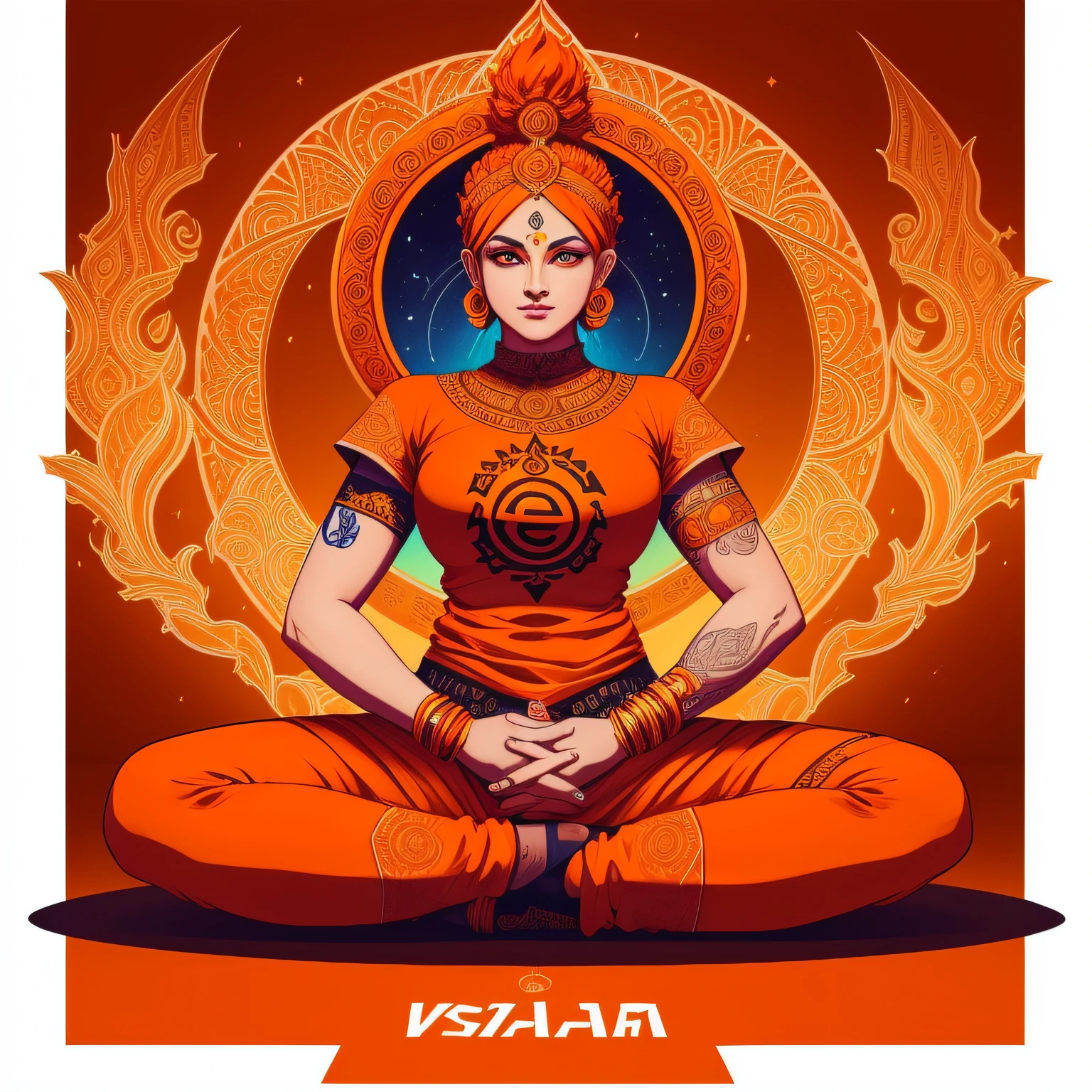 illustration of sacral chakra Sanskrit Character VAM symbol, white background, cartoon,  colorful orange patterns, bold shares of orange and exaggerated features, extremely detailed, tshirt design, super detailed, trending on artstation