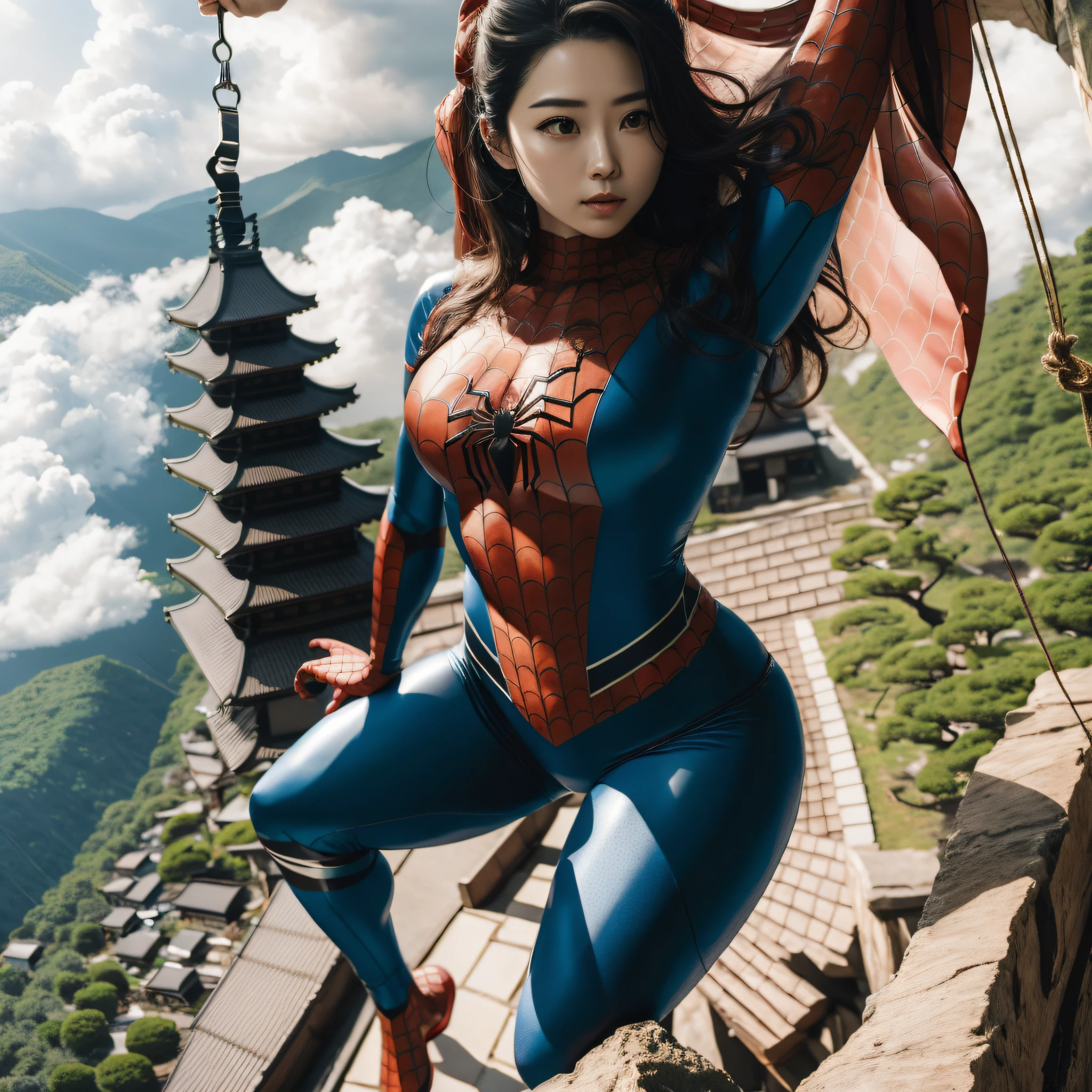 (Masterpiece), (intriciate detail), (Photorealistic:1.3), (film grain), Beautiful Woman, Japan actress, spider suit, Hanging from a cliff