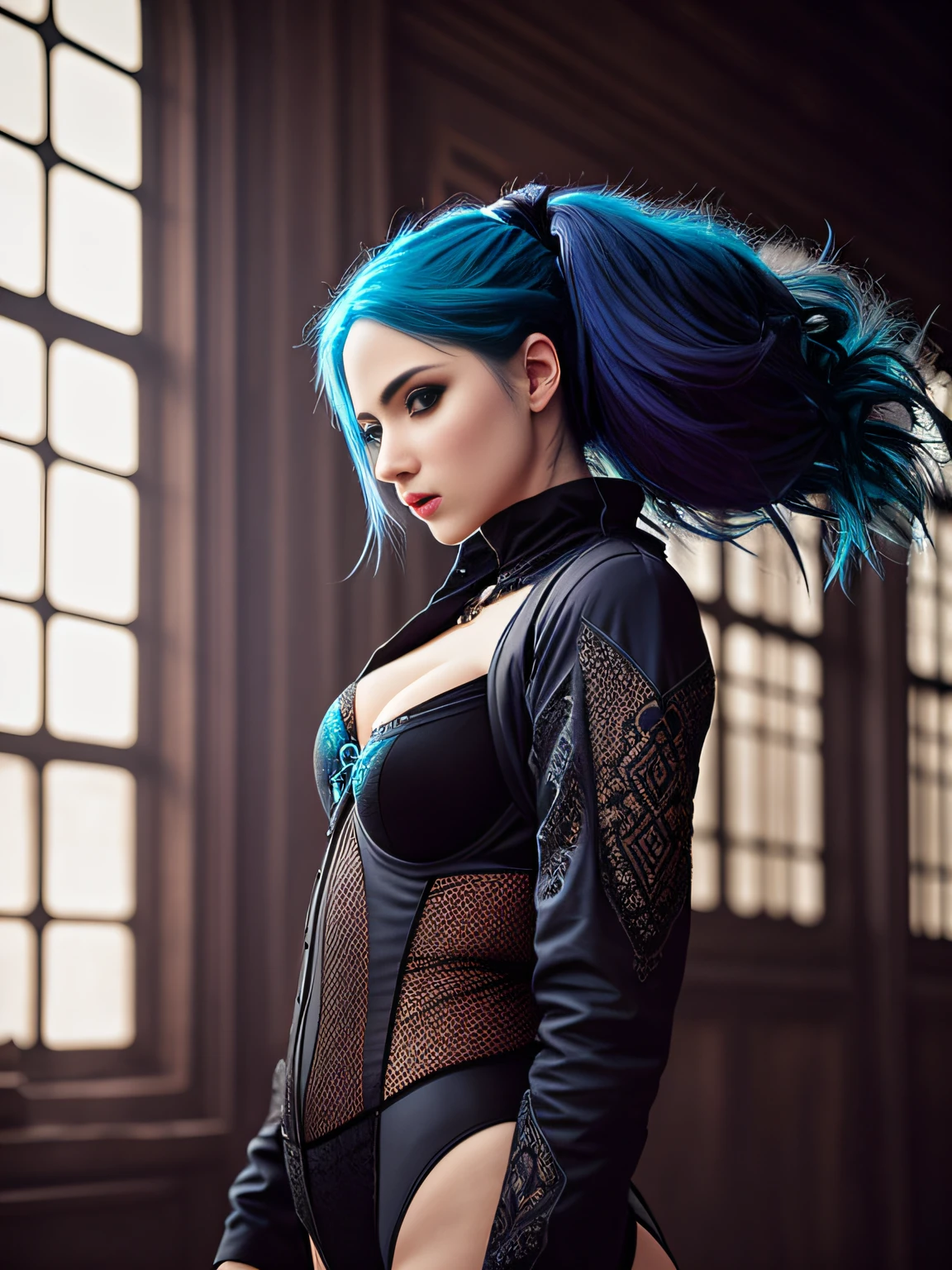 portrait of the , Blue-haired, Cinematic, dark shot, Muted colors, lut, Insane details, Intricate details, hyperdetails, gros-plan, Twilight,Fine facial features, Photorealistic, High contrast, Best Quality, Gothic art, Mysterious, Intricate details, Erotic, acrobatic pose,highleg,Slender legs,((layers-Cut)),long boots,gotik,Mystical,A sexy、bra very、profile
