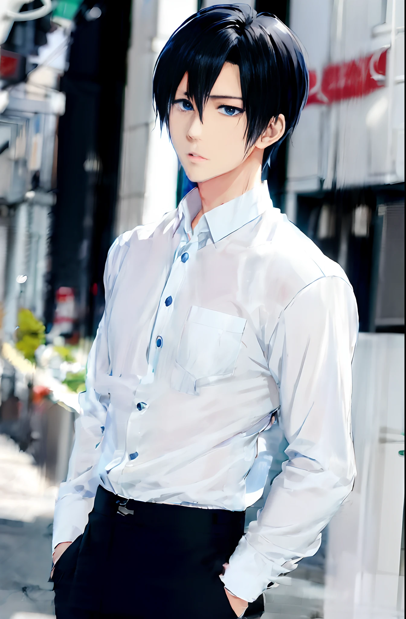 anime - style man in white shirt and black pants standing on sidewalk, anime handsome man, male anime style, young anime man, smooth anime cg art, handsome anime pose, realistic anime artstyle, tall anime guy with blue eyes, anime portrait of a handsome man, made with anime painter studio, male anime character, anime realism style, anime boy