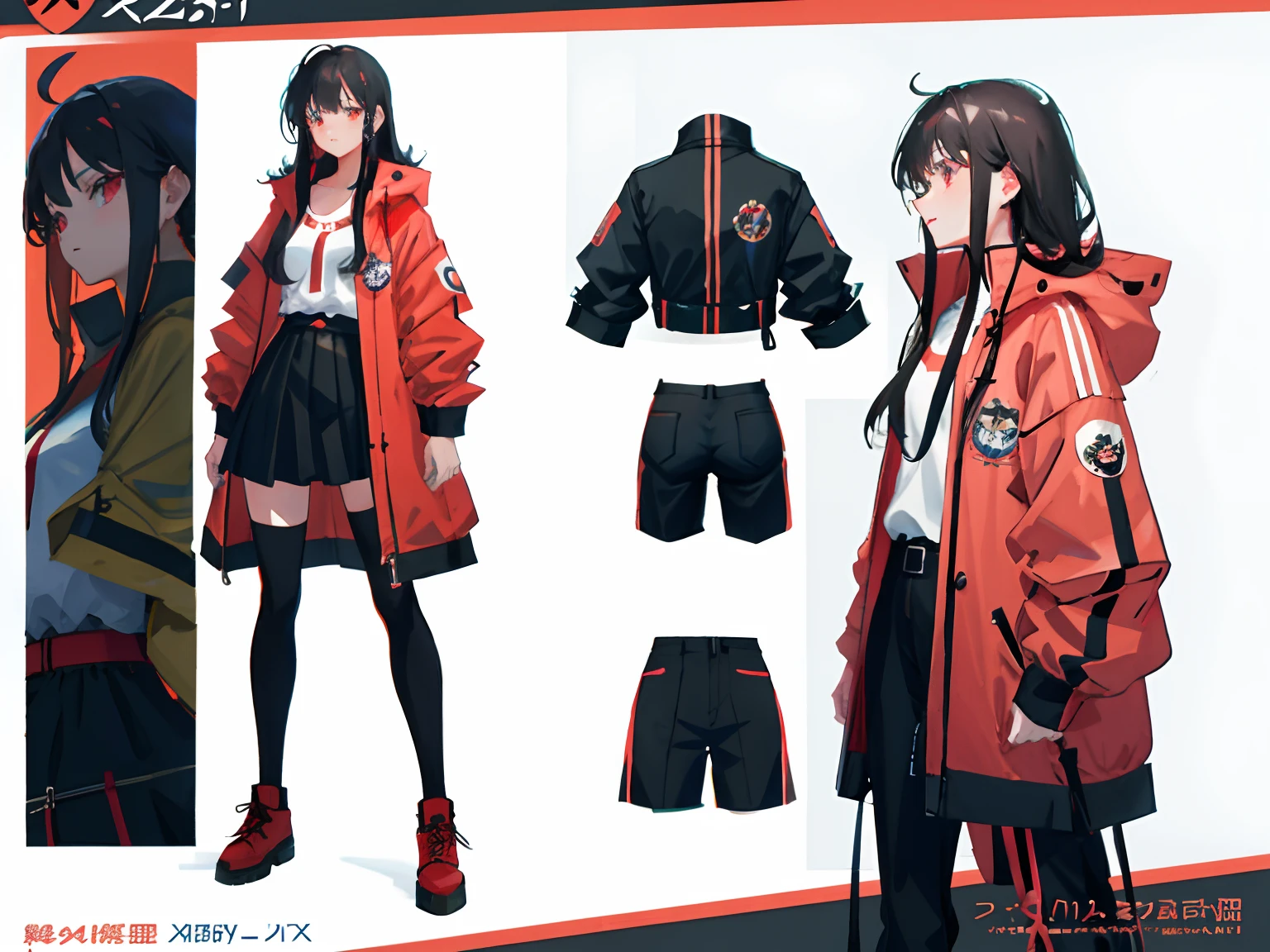 highr，1girll，Long legs，Red and black shirts，Red and black skirt，Red and black mechanical windproof boots，Large red and black trench coat，Long red and black hair，red color eyes，stand posture，HighestQuali,4K，Chinese girl design，Genshin detailed art，Anime character design，anime concept art，pretty anime character design，anime character reference sheet，[character  design]，4K，the detail，HighestQuali