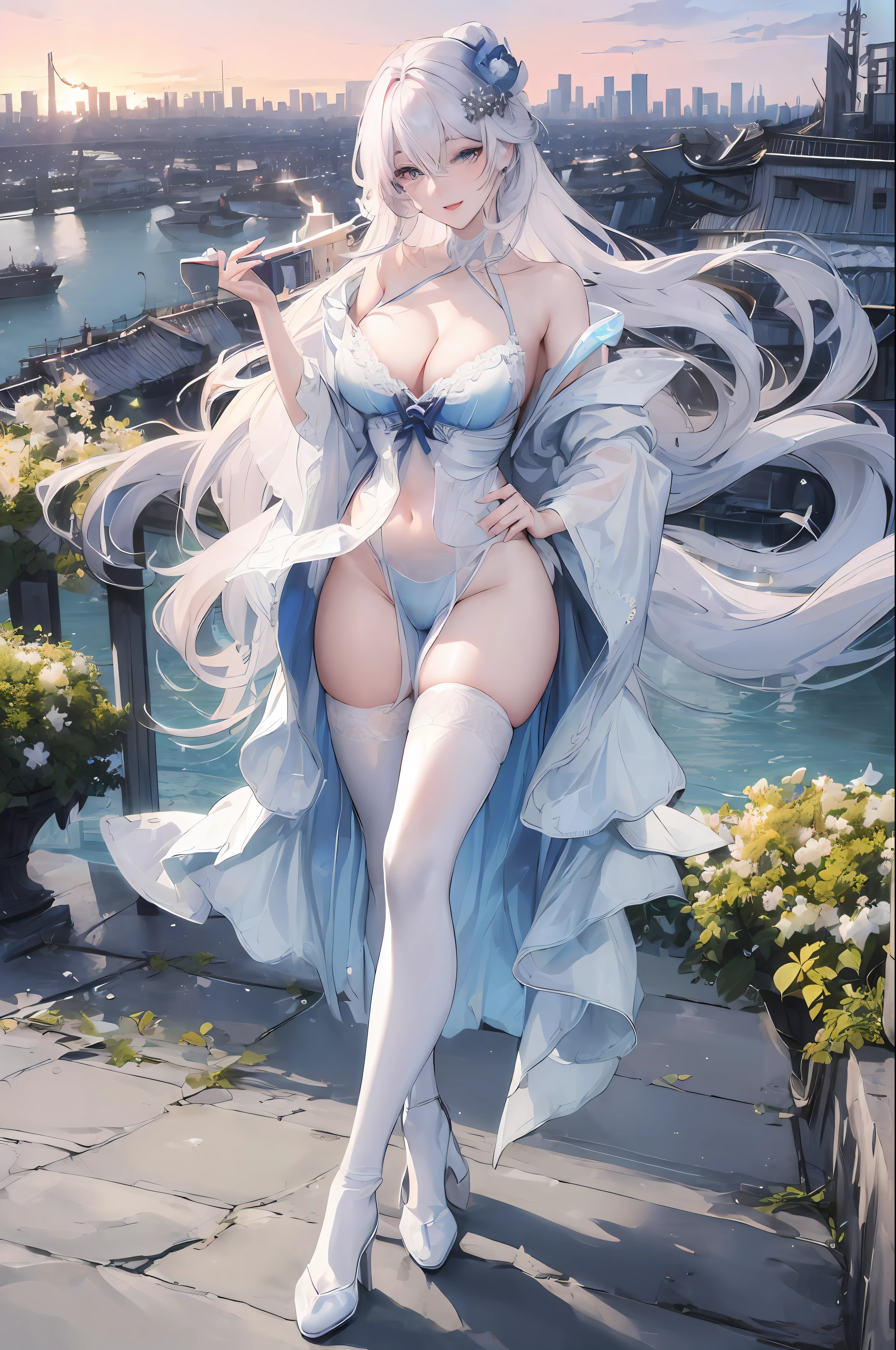 official art, masterpiece, sharp focus, (beautiful gorgeous cute Korean woman:1.3), (beautiful cute korean:1.3), korean beauty, Delicate and beautiful hair and eyes and face, realistic, ultra detailed, beautiful girl, blue sky, glow white particle, (sidelighting:1.2), sun light, white cloud, detailed clouds, slender, Lovely very large breasts and very large hips, smile with teeth, ((smile with eyes, open both eyes)), scenery, long straight hair, sexy facial expression, building, (cityscape:1.7), dynamic hair, long straight hair, detailed very white pink hair, blue eyes, lingerie, black thighhighs, full body, pale skin, hair ornament, epic scenery,