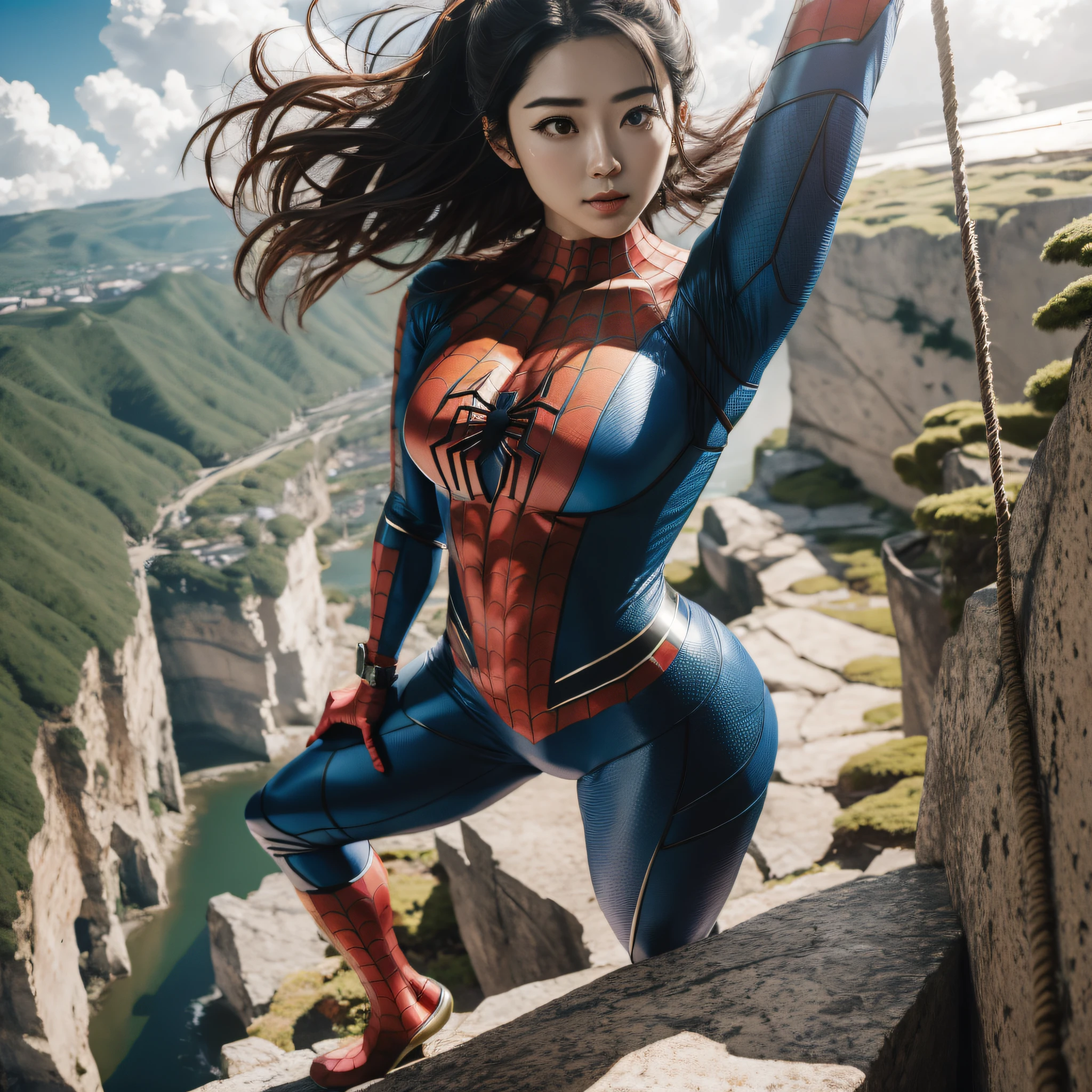 (Masterpiece), (intriciate detail), (Photorealistic:1.3), (film grain), Beautiful Woman, Japan actress, spider suit, Hanging from a cliff
