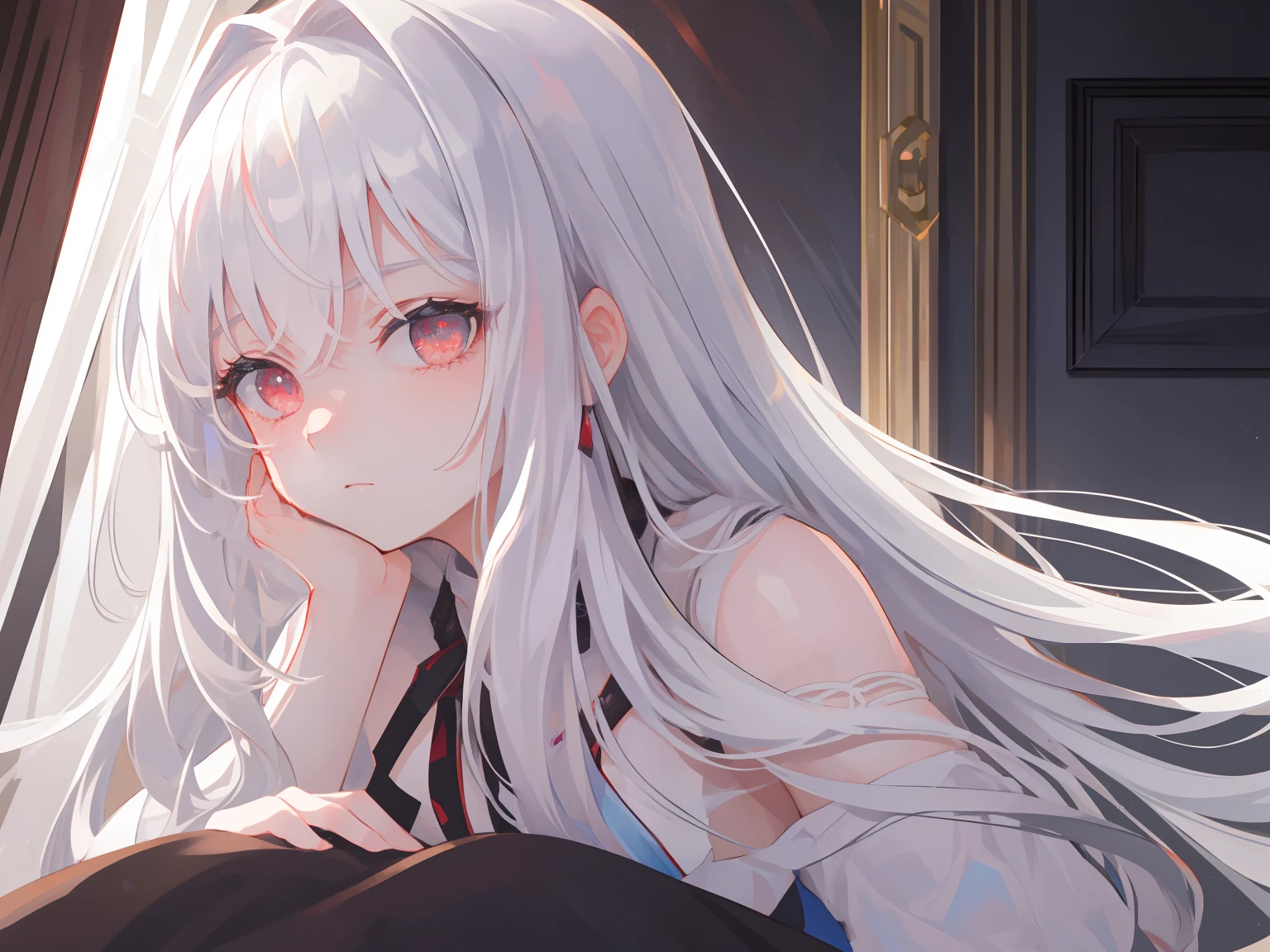 ((Masterpiece, Best quality))++, Detailed light+,  Detail hair+, detail hand+ ,1girll, woman, Long hair,   dark red eye,  Beautiful eyes, Young gray hair,,(Beautiful white hair:1.5),(Beautiful detailed eyes), ,    high resolution+,   Masterpiece,  , Glass tones, Reflective eyes,  {{Angle}} , extremelydetailedwallpaper, Original,full bodyesbian,Bedrooms,upper legs, Beth,starrysky,Issuing,,swim wears