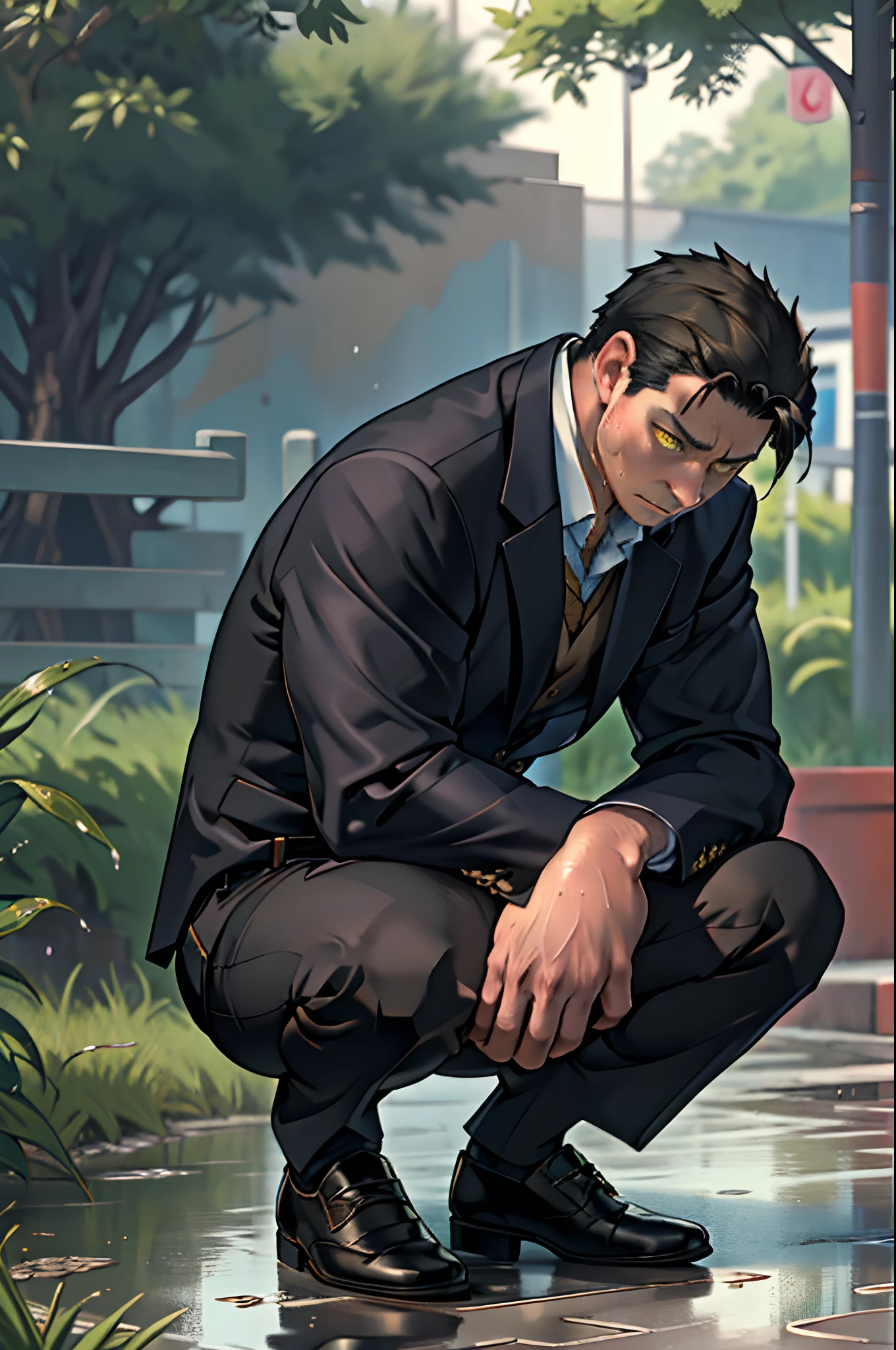A3R1, Hector Fey ,Multi-view upper body, Suit pants view,legs separated,A3R1,pissing,Pee yourself,His own urine ran down his thighs,perfect male figure, Aerith Gainsborough ,The suit pants are wet,Urine runs down the leg of the trouser,Yellow eyes,Half squat,legs separated,Can't hold back urine,wants to pee,Wear a tie,wearing leather belt,Long Sleeve White Shirt,(The shirt is soaked),Black hair short hair,perspire,Black suit trousers,dress shoes,Nervously bow your head,is shy,embarressed,exhilarated,is shocked,panicking,worry,exteriors,On dry ground, A small puddle of his own urine formed around his feet,half squatting,Very eager to pee,Unbearable,Can't help but pee,Urine flows from the crotch to the legs,Incontinence,It's uncomfortable,Very anxious,Sweat runs from the crotch,Wet yourself,urinating,high detal,hentail realism,ultra-realistic realism,three sided view, A masterpiece of careful planning,A high resolution, hyper HD ,anatomy correct,super detailing,best qualtiy,A high resolution,8K