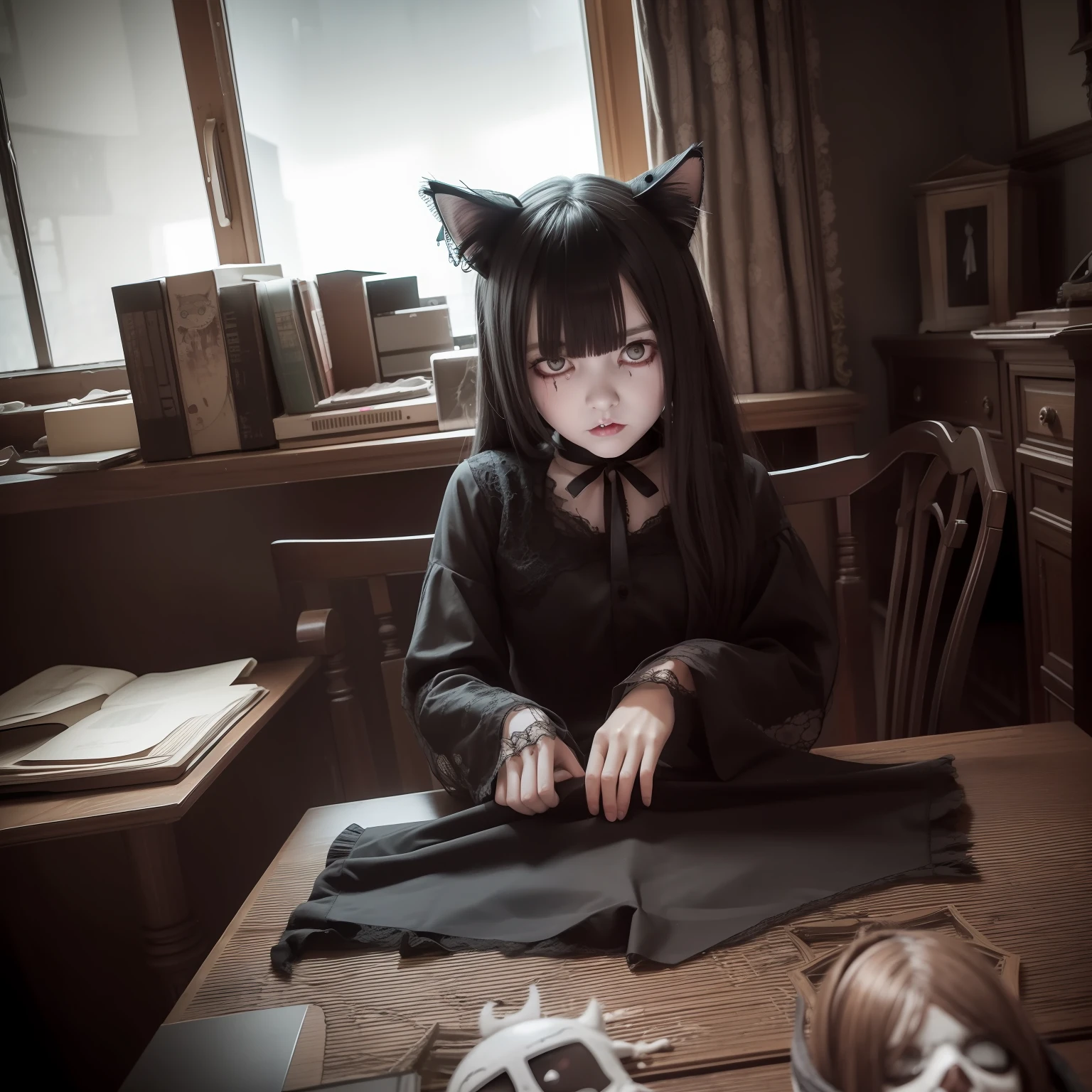 sittinng on the desk, Hollow eyes, cat ear，Blood, spiderwebs, Messy, doll, haunted, Abandoned mansion, Horror, Scary, ghost, eerie, No Man, No light