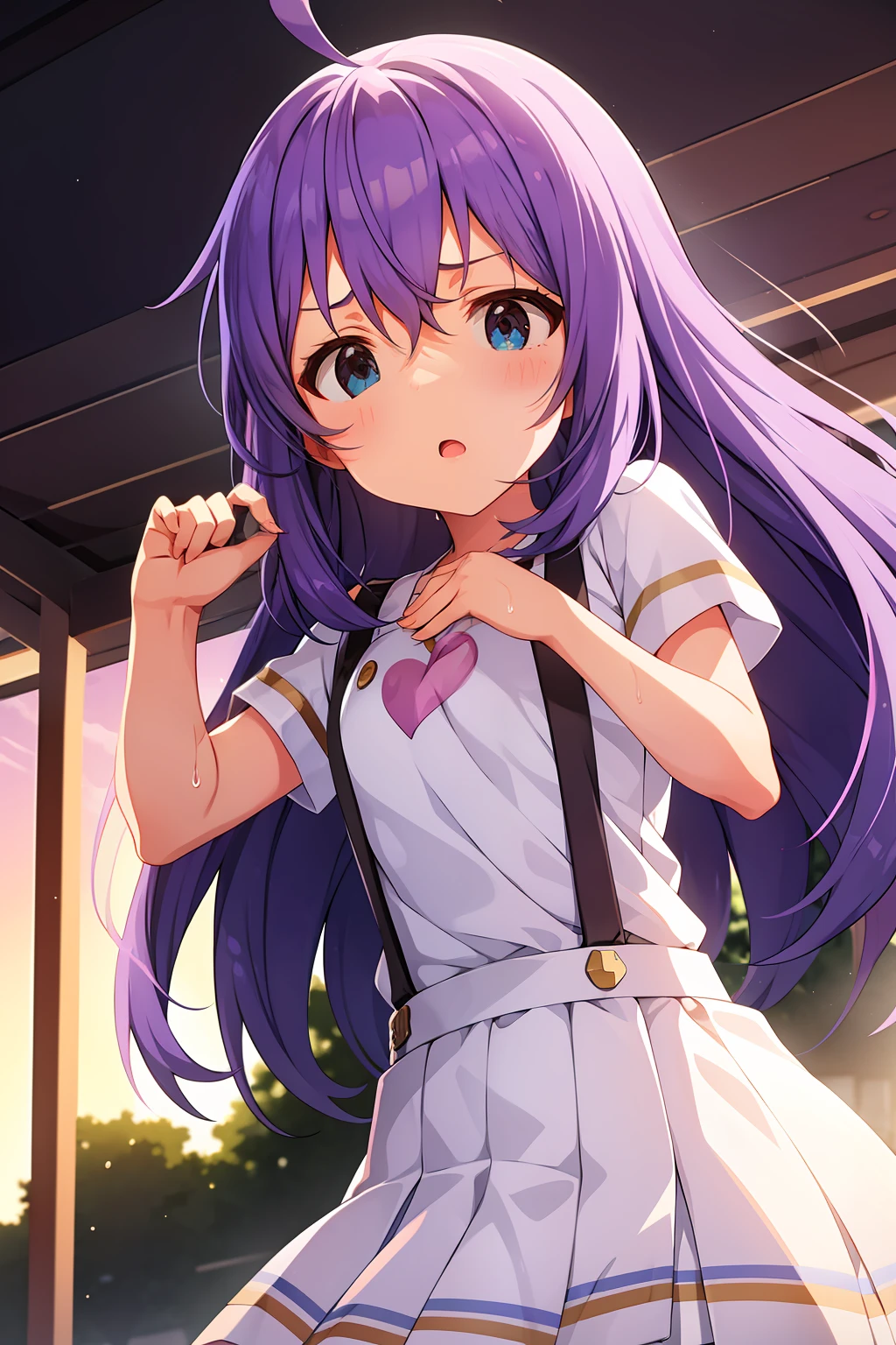mochizuki anna,1girl in,Solo,Long hair,Purple hair,Medium chest.Ahoge,Blue eyes.Short stature.white t-shirts.suspenders.Skirt.Evening glow.the setting sun.Despair face.Sweat.Opening Mouth.up chest.Fighting stance.