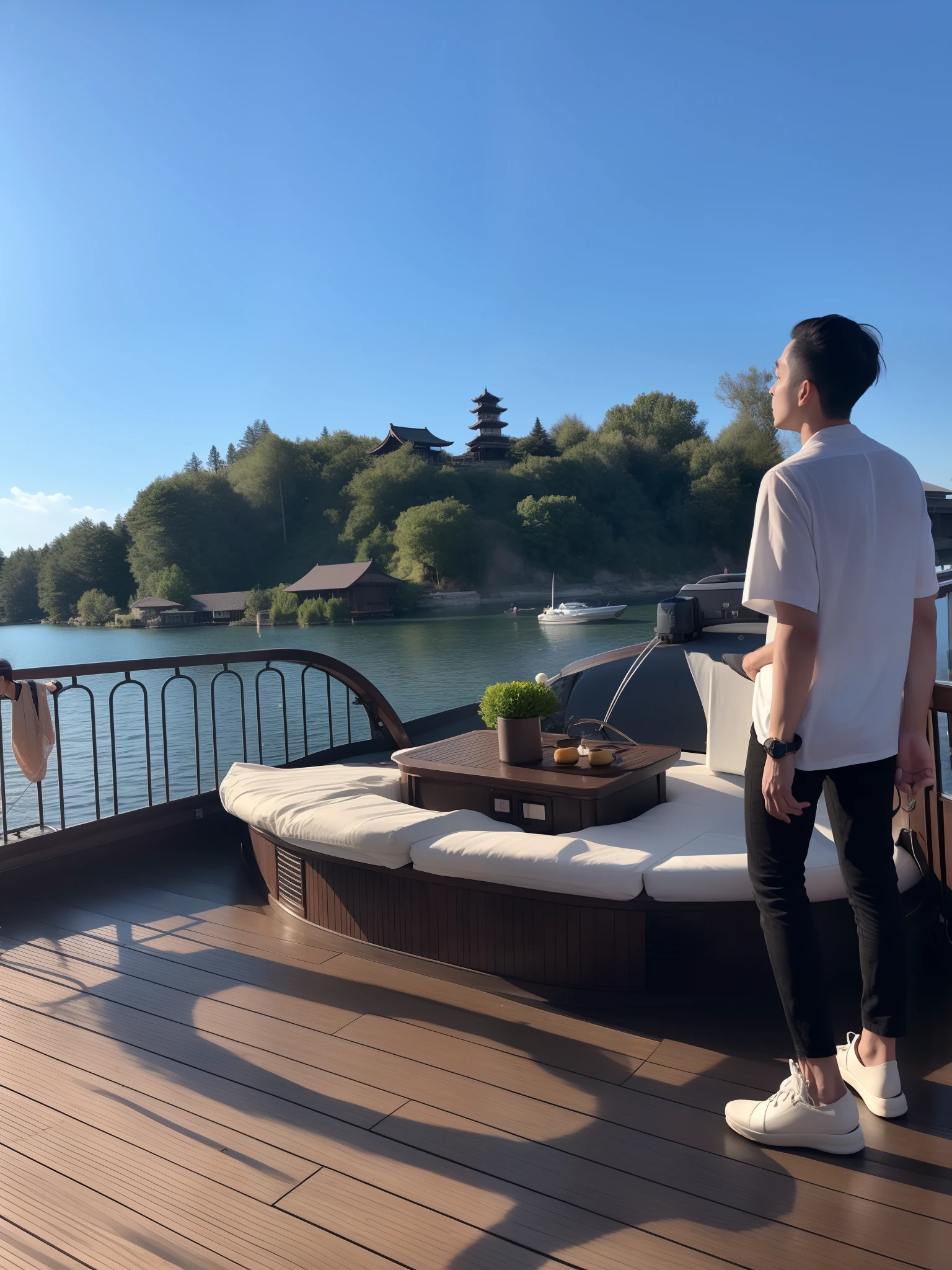 there is a man standing on a deck looking at a boat, on a boat on a lake, on a boat, gazing at the water, standing on a lotus, chill time. good view, on a floating rock island, handsome, nice afternoon lighting, taken in 2 0 2 0, cai xukun, photo taken in 2 0 2 0