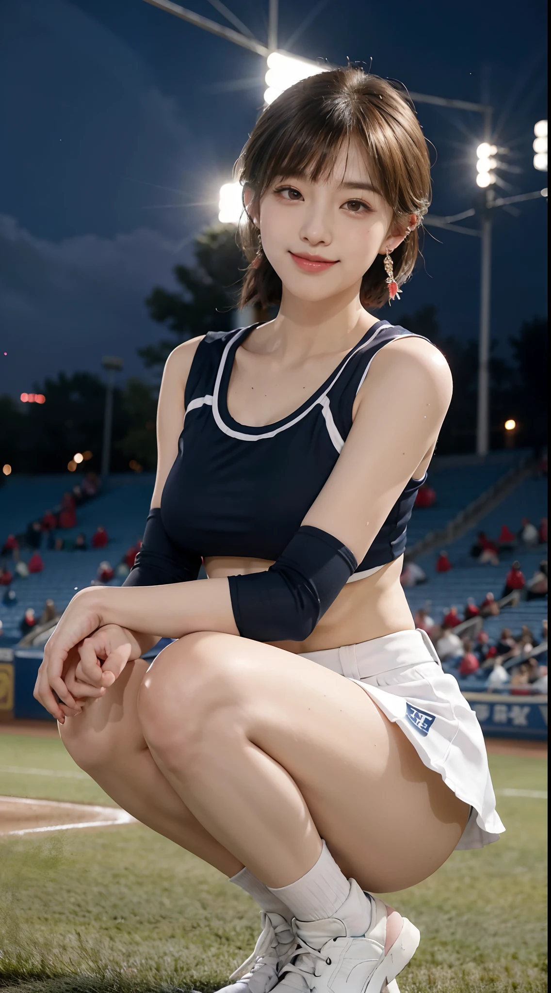 17-year-old cool Korean, big round breasts, breastbone, cheerleader, baseball team cheerleader, Super mini tight skirt, eyes with beautiful details, eyeslashes, beautiful double eyelids, eyeshadows, Slit eye, perfect eye makeup, seductive smile smugly, beautiful thin legs, Light blonde, bob cuts, pony-tail, various hairstyles, earings, Stand on the ballpark at night, Squat down, I can see the panties,