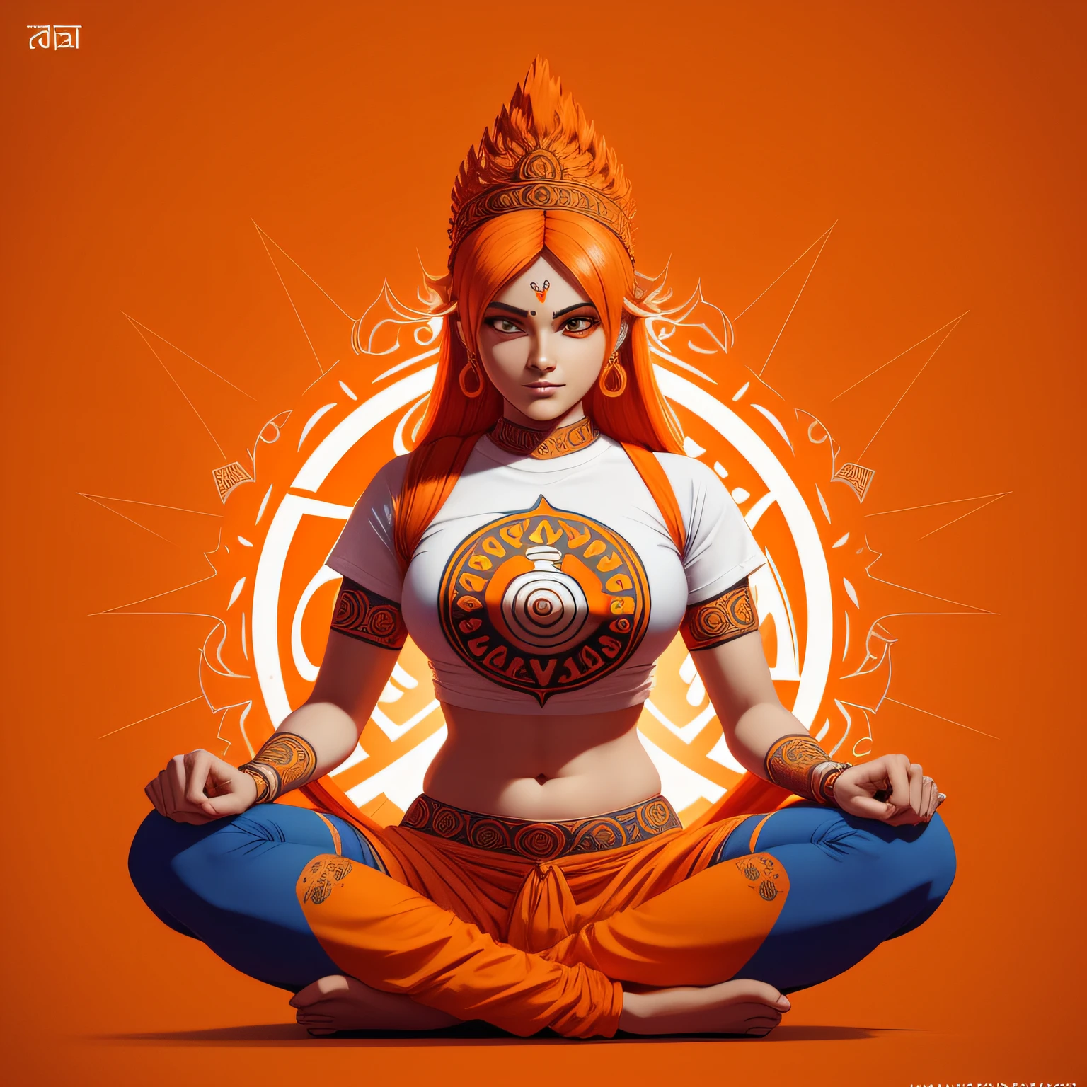 illustration of sacral chakra Sanskrit Character VAM symbol, white background, cartoon, colorful orange patterns, bold shares of orange and exaggerated features, extremely detailed, tshirt design, super detailed, trending on artstation