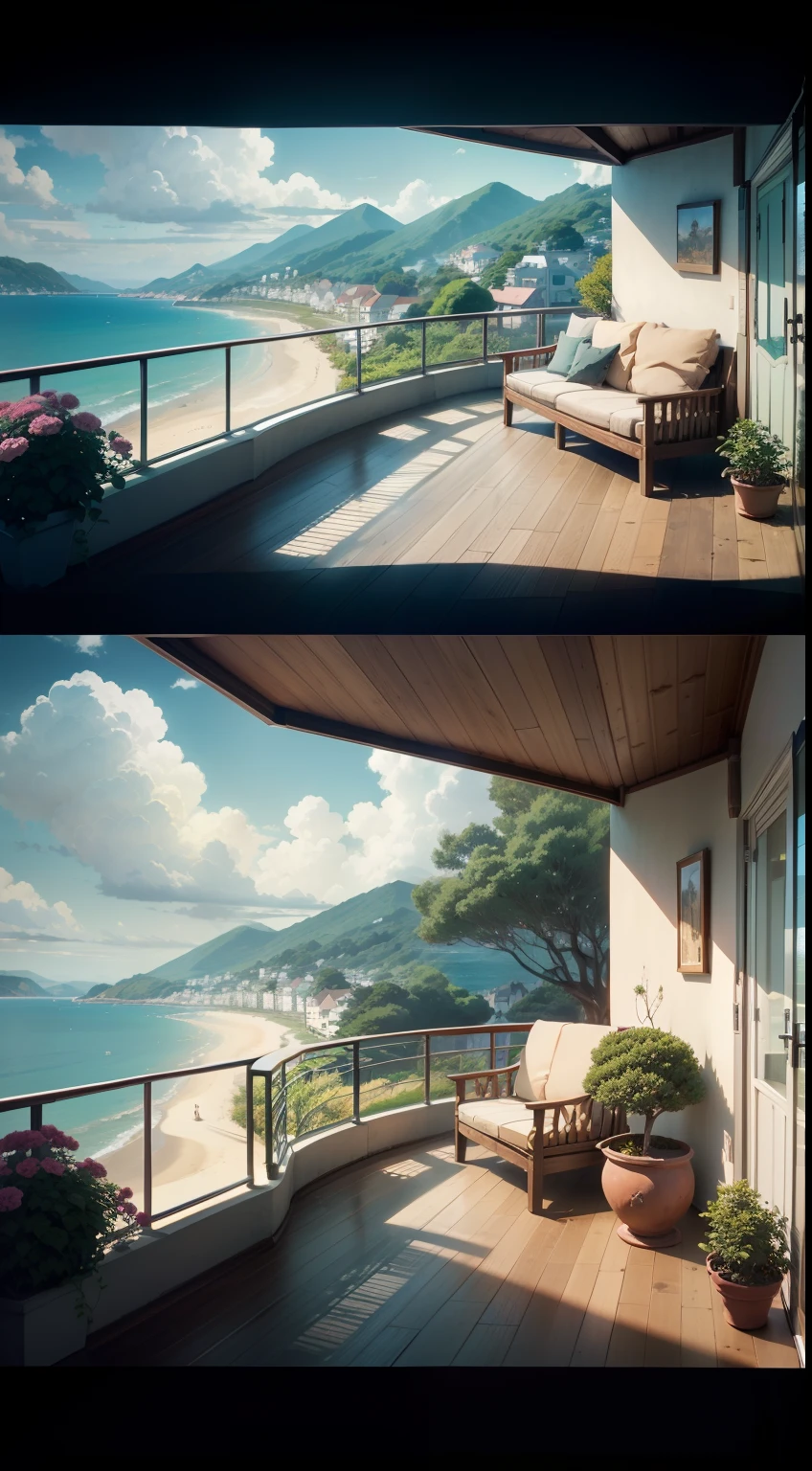 There is a balcony with a width of 672,Features house and garden views,Anime landscapes,Beautiful anime background,The balcony overlooks the sea and the beach,Anime countryside landscape in Shinkai Makoto style,Beautiful and peaceful scenes of anime depicted in detail。