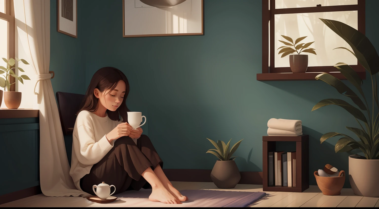 Minimalistic Morning Ritual:
Bohannah sits in a cozy corner of her home, surrounded by muted hues and natural textures. A cup of herbal tea steams gently as she embraces a moment of mindfulness and reflection.