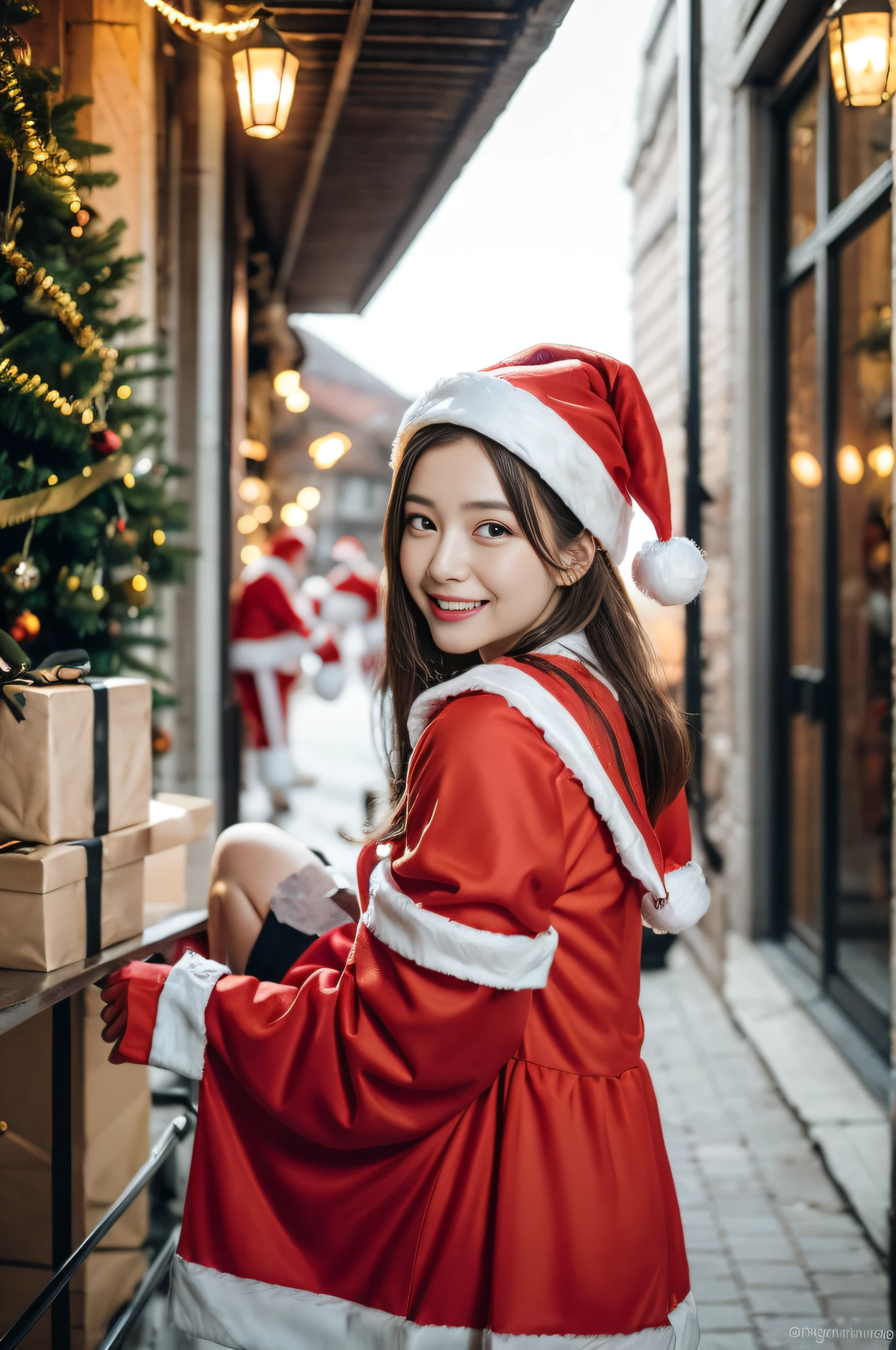 (((santa claus costume))),(((looking at viewer:1.5))),(((sit and stretch legs))),(((view full body))),(((Photographing a girl from side))),ulzzang-6500-v1.1, (Raw photo:1.2), (Photo realistic:1.4), a beautiful detailed girl, extremely detailed eye and face, beautiful detailed eyes, ultra-detailed, High resolution, top-quality, ​masterpiece, highly detailed, 8k wallpaper, Wonderful, finely detail, top-quality, Light on the face,电影灯光,1girl in,(Christmas market in Stuttgart),Beautiful eyes,smile,Opening Mouth