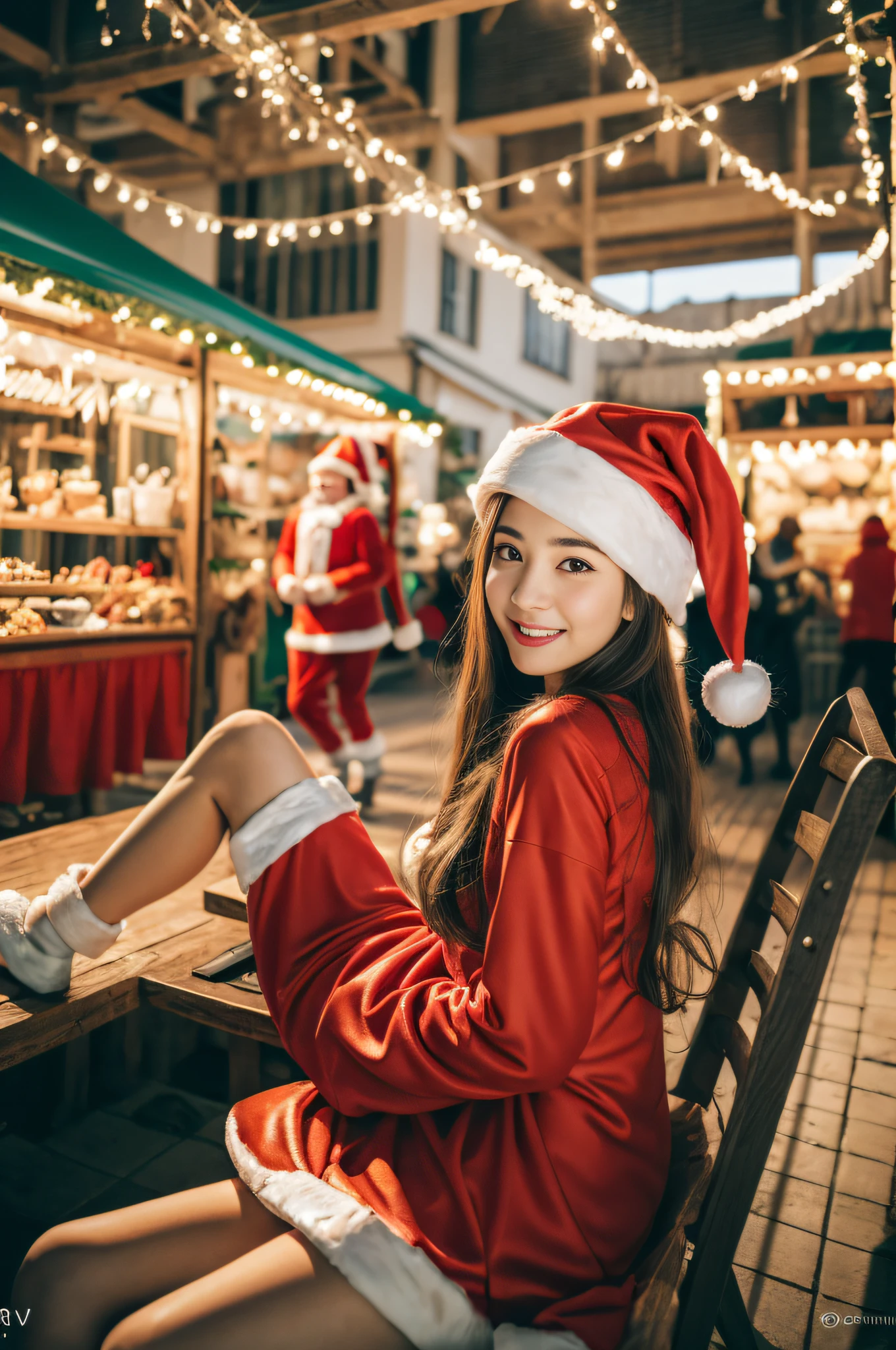 (((santa claus costume))),(((looking at viewer:1.5))),(((sit and stretch legs))),(((view full body))),(((Photographing a girl from side))),ulzzang-6500-v1.1, (Raw photo:1.2), (Photo realistic:1.4), a beautiful detailed girl, extremely detailed eye and face, beautiful detailed eyes, ultra-detailed, High resolution, top-quality, ​masterpiece, highly detailed, 8k wallpaper, Wonderful, finely detail, top-quality, Light on the face,电影灯光,1girl in,(Christmas market in Stuttgart),Beautiful eyes,smile,Opening Mouth