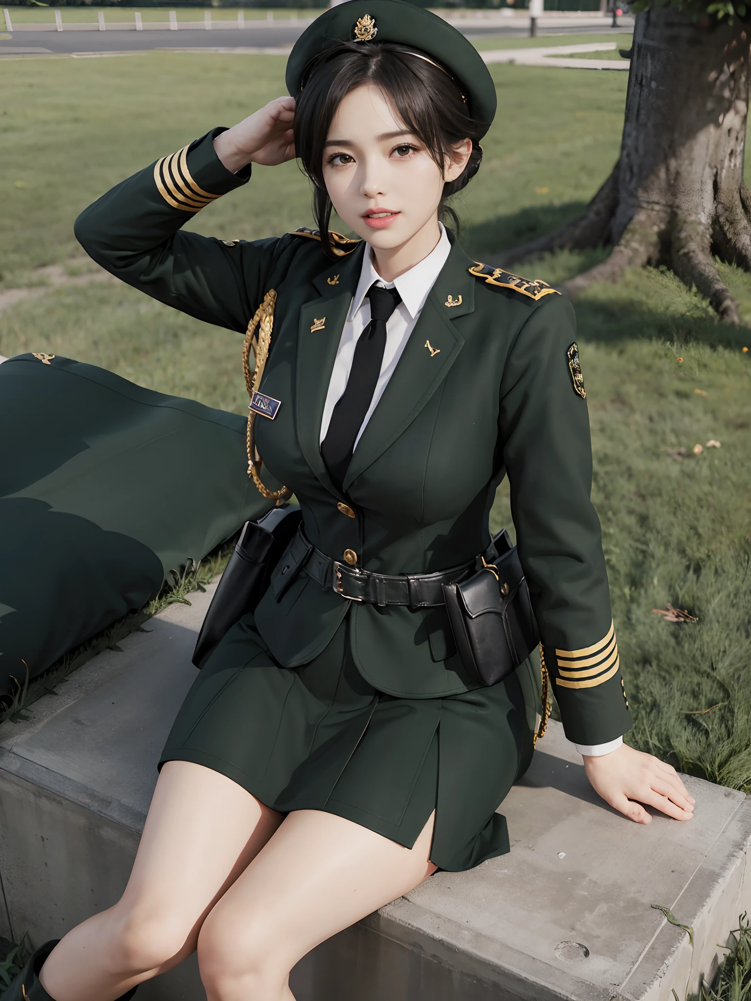 Usually detailed CG Unity 8K wallpaper，（tmasterpiece），（best qualtiy），（ultra - detailed），（Ultra photo realsisim），（best character detail：1.36），Nikon D750 f / 1.4 55mm，profesional lighting， physically-based renderingt, 1girll, Female soldier，army suit，Dark green military uniform，Fabric texture military uniform，Pure white lining，Dark green tie，bucket-hat，Army green skirt，Bare legged，Plump legs，whitestocking，Black hair，the golden ratio,[:(com rosto detalhado:1.2):0.2]:，PureErosFace_V1, broad shoulder,(Bigchest:1.5),(big assa:1.5),Sit on grass，red flags，In the square，Splendid scenery，bright sun，RAW photogr，photore， Night Street，lighting，Contre-Jour，Bright smile，White teeth，