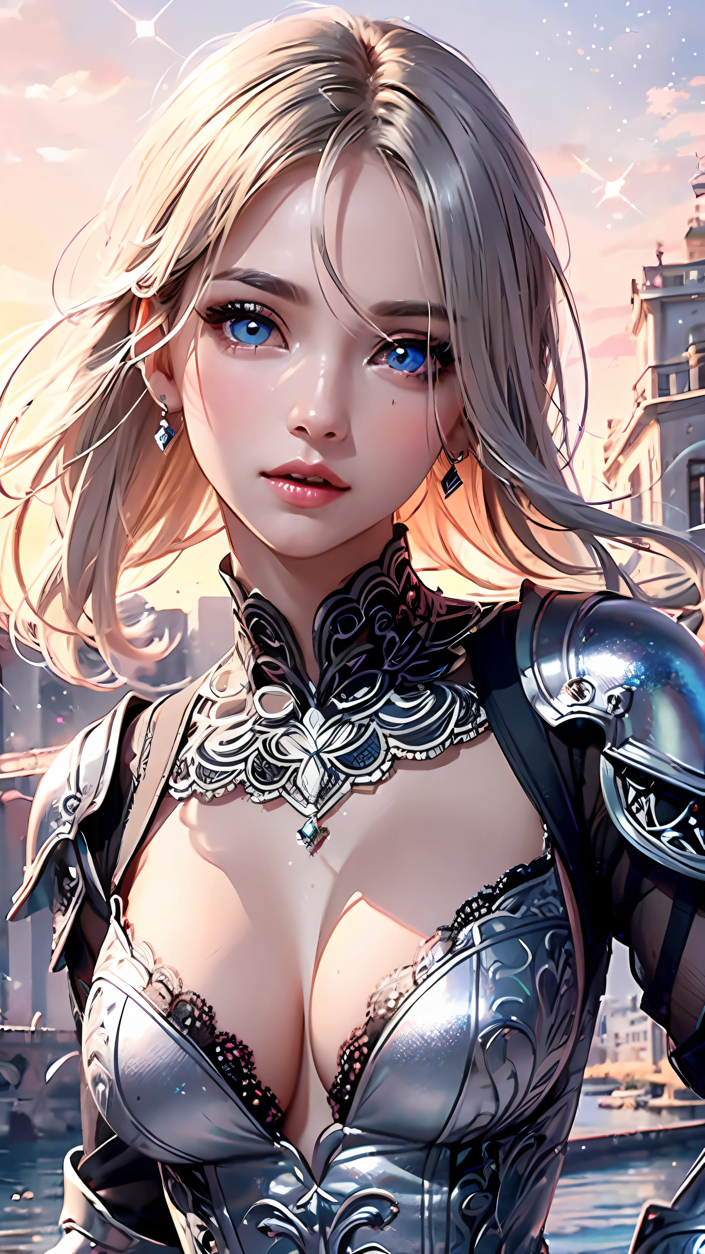 Realistic, Hyper Detail, Girls only, Layered Bob, Dynamic lighting, ((Bold imaginative poses)), (Glossy skin: 1.5), masutepiece, of the highest quality, absurdity, Watching Viewer, (Blonde hair, Pink gradient hair), Deep Purple Clear Eyes,((Beautiful, Detailed eyes, Eyes Like Gems, Colorful eyes, Sparkling eyes:1.3)), slender, High resolution, Sharp Focus, depth of fields, Detail Eyes, Sharp eyes, (Realistic eyes)), Outdoors, Sunrise sky, (Attractive delicate design river trimmed lace dress, (Dressed in silver armor with intricate patterns): 1.3))