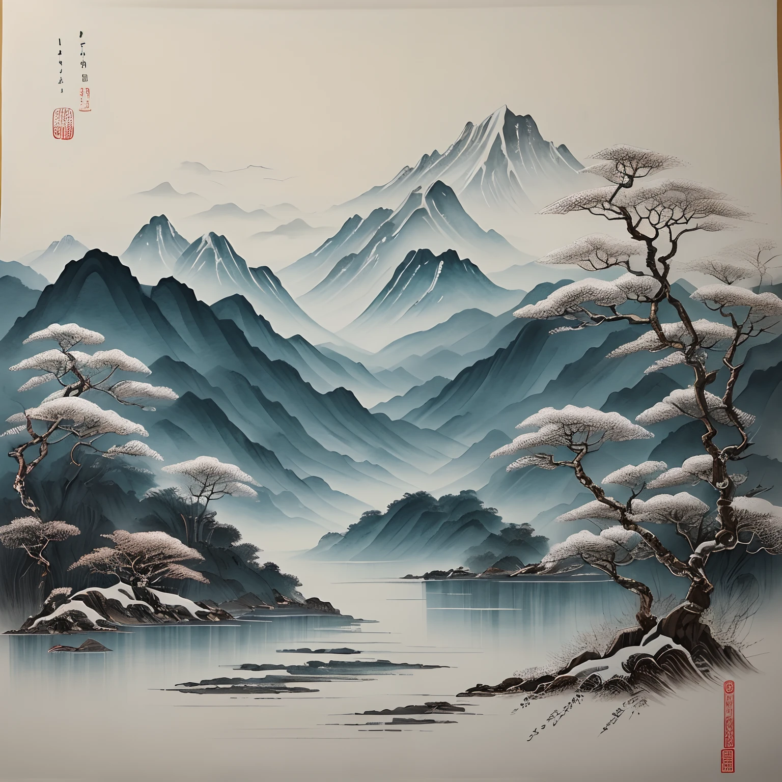 ((Masterpiece)), HD clarity,ink and watercolor painting，Draw on rice paper，Use thick and light ink to create shading variations and layers，Choose the right ink color，Such as deep black、Thick gray、Light coffee, etc，Express different situations and atmospheres，Control the gradient and transition of ink color by the humidity and consistency of the ink， Avatar, ((figure: 1人, White Sleeve, bald-headed, Robe))，Cool sensation，Natural，peacful，naive，Black and white tones，The background is a snowy scene,There are dead trees on both sides of the picture， Traditional Chinese Ink Painting, Traditional Chinese art, author：Guo Xi, author：Ma Yuanyu, Traditional Chinese painting, author：Xu Xi, author：Luo Mu, author：Yang Buzhi, author：Li Kelan, author：Gu An, Ink painting ) ) ) ), Chinese ink painting, Chinese painting style