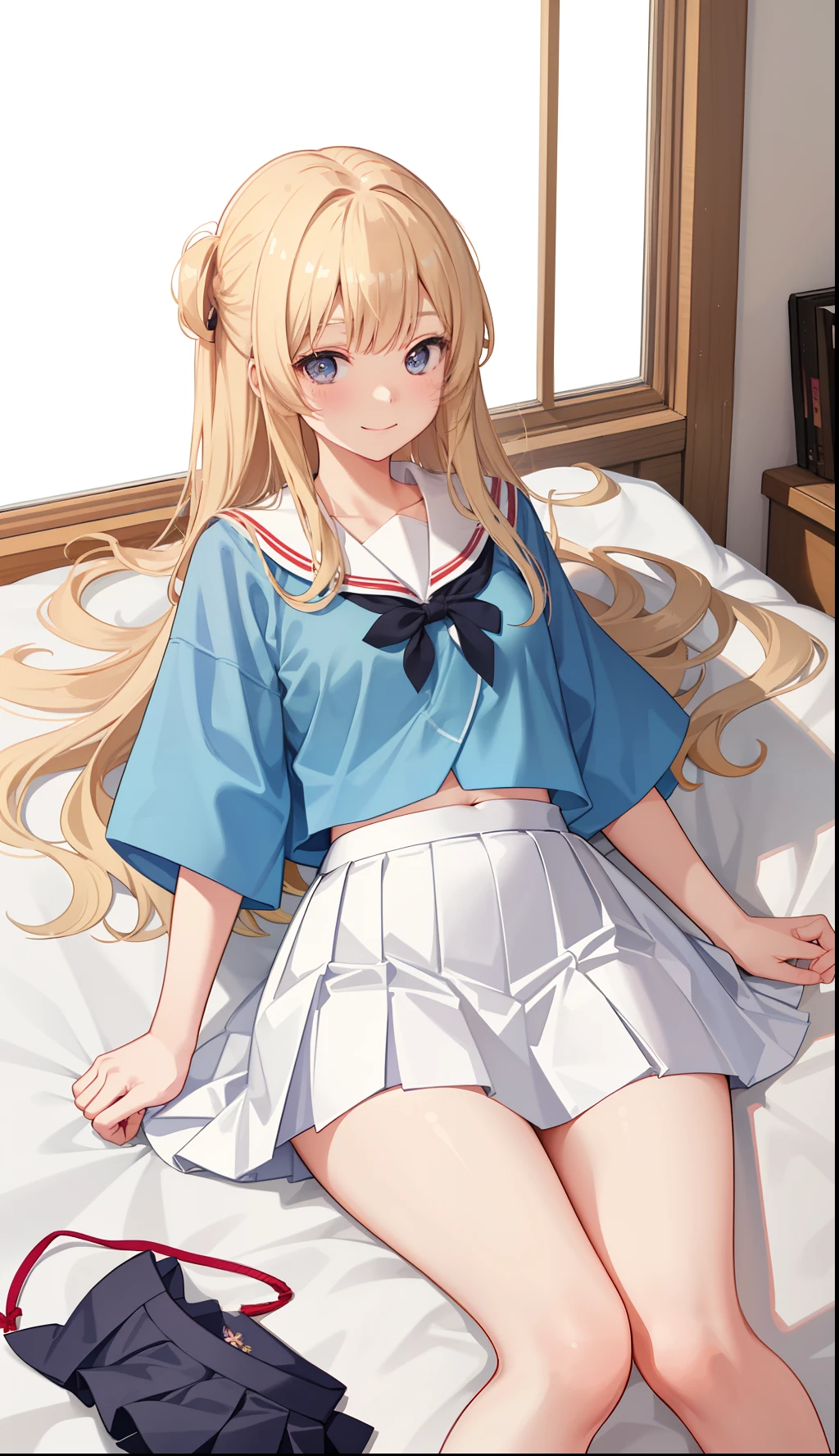 1girl in、A smile、The shirt、skirt by the、(small tits)Chilarism、Japan High School Student Uniform、serafuku、summer clothing、(Sheer Bra)、Upper body portrait、blonde hair、s asleep、Sleeping in large letters、