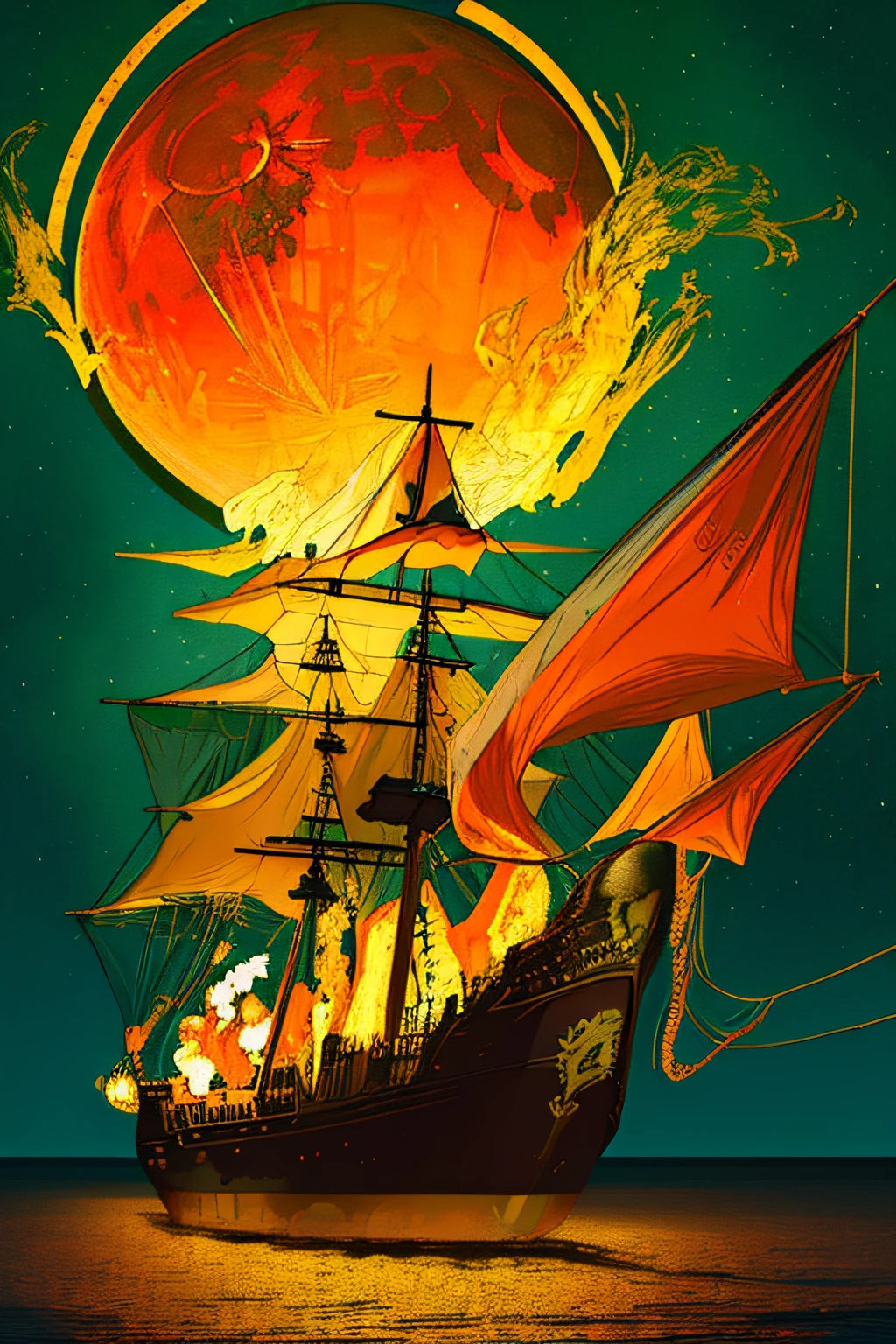 extremely detailed 8k wallpaper,(highly detailed:1.1), ((masterpiece:1.1)),[anime:Impasto:0.5], intricate , fantasy,(1ship),(ocean:1.2),[golden boat:golden boat with (green fire:1.2):0.1], clear sky ,wind ,beautiful sky,(nightsky),(galaxy), (huge blood moon in the background:1.05)