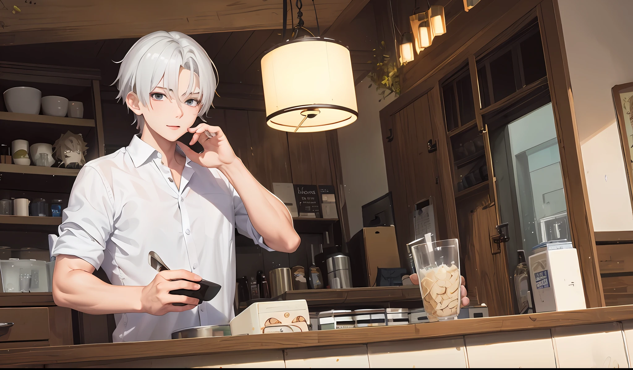 1 boy,silber hair,Handsome,anime big breast,Broken eyelid hairstyle,Handsome,年轻,white shirt,the night,ssmile,high street