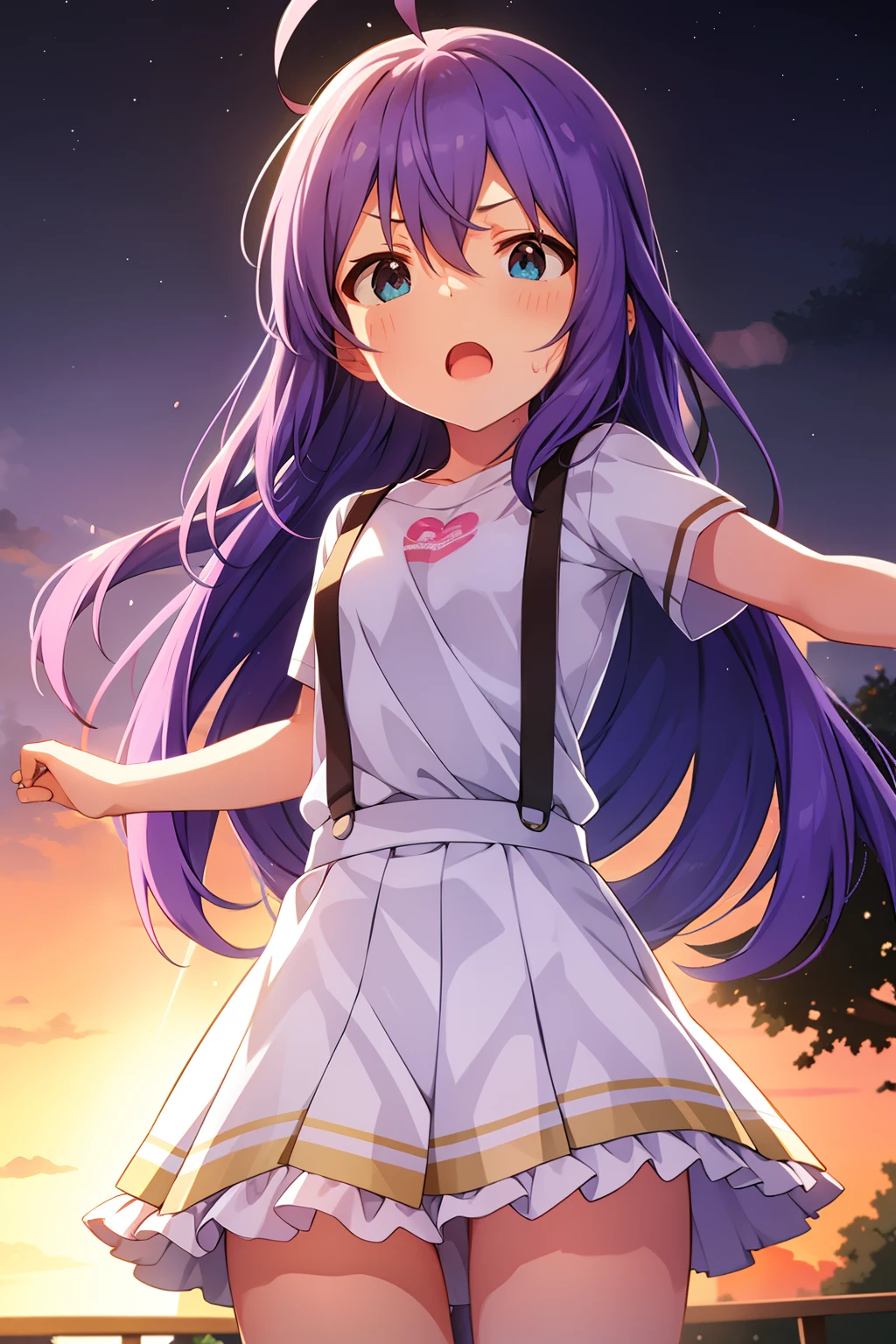 mochizuki anna,1girl in,Solo,Long hair,Purple hair,Medium chest.Ahoge,Blue eyes.Short stature.white t-shirts.suspenders.Skirt.Evening glow.the setting sun.Despair face.Sweat.Opening Mouth.up chest.Fighting stance.