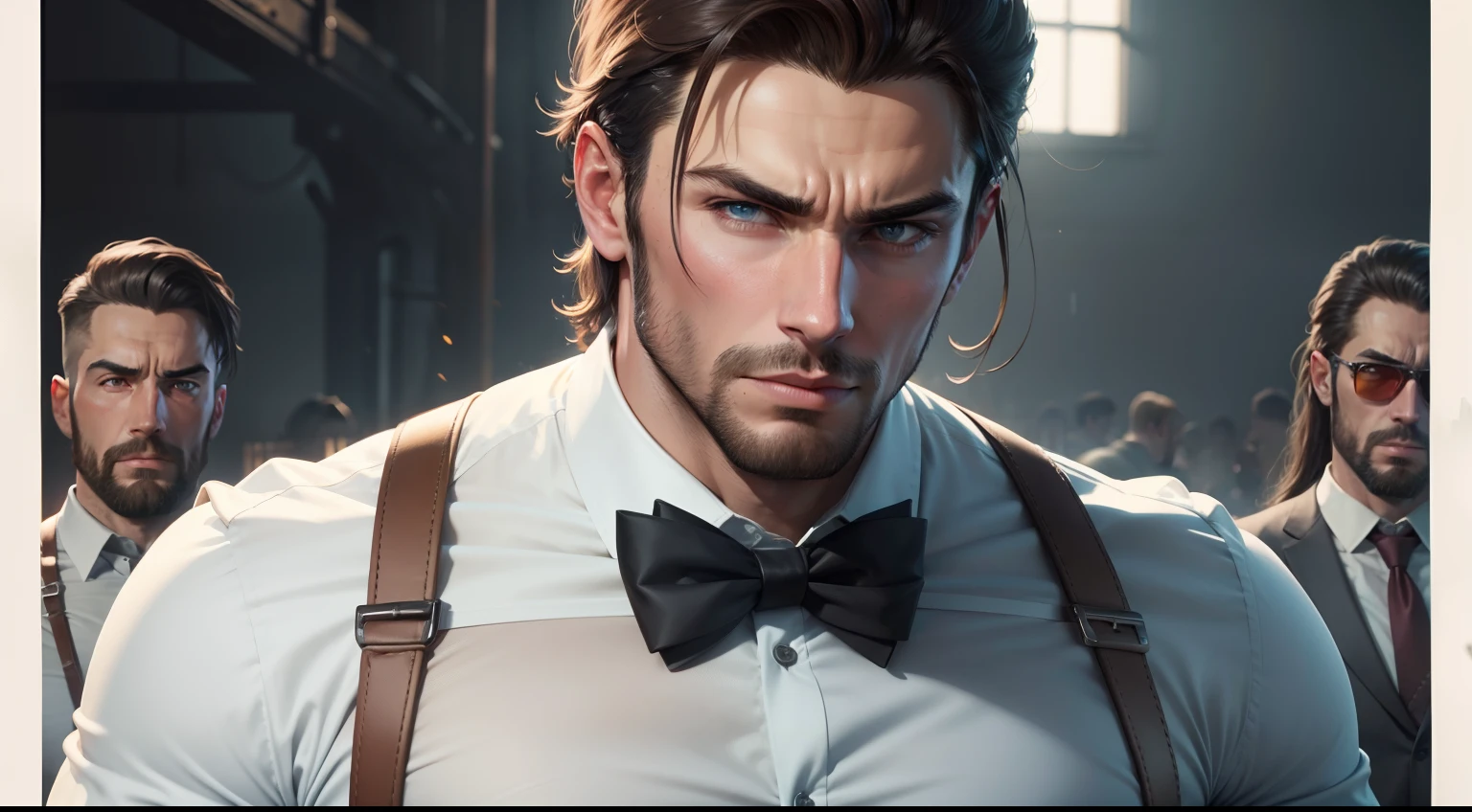 Handsome guy in suspenders,at centre,Critical vision,Complicated details,The action of the iron mountain,Split head
