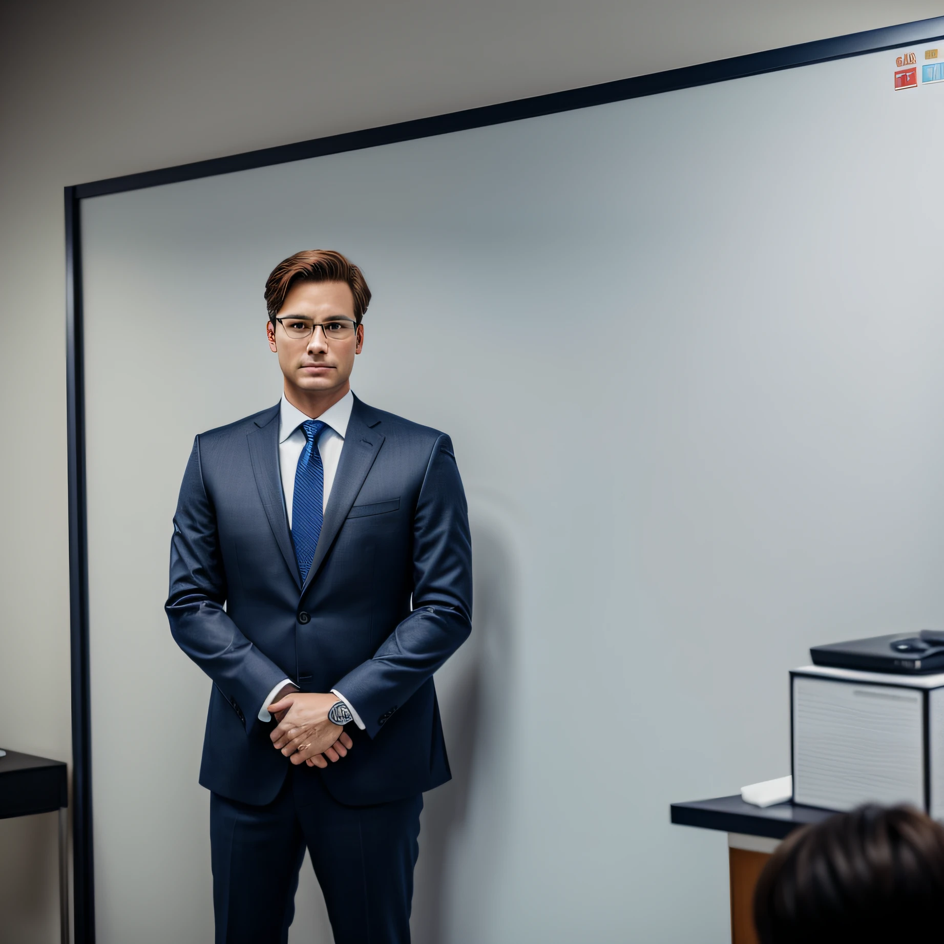 Man standing 30 years in suit and tie、Body and head straight in the photo、DSRL、Facing the viewer of the photo、The eye fixed on the lens is、Shoulders and head shown in the photo、Man in the center of the photo、8k、top-quality、​masterpiece、Realistic and realistic photos、Movie Photos、A hyper-realistic、1人、detaileds、Perfect litthing、 DSRL、professional photograpy、4k、Standing in front of a whiteboard