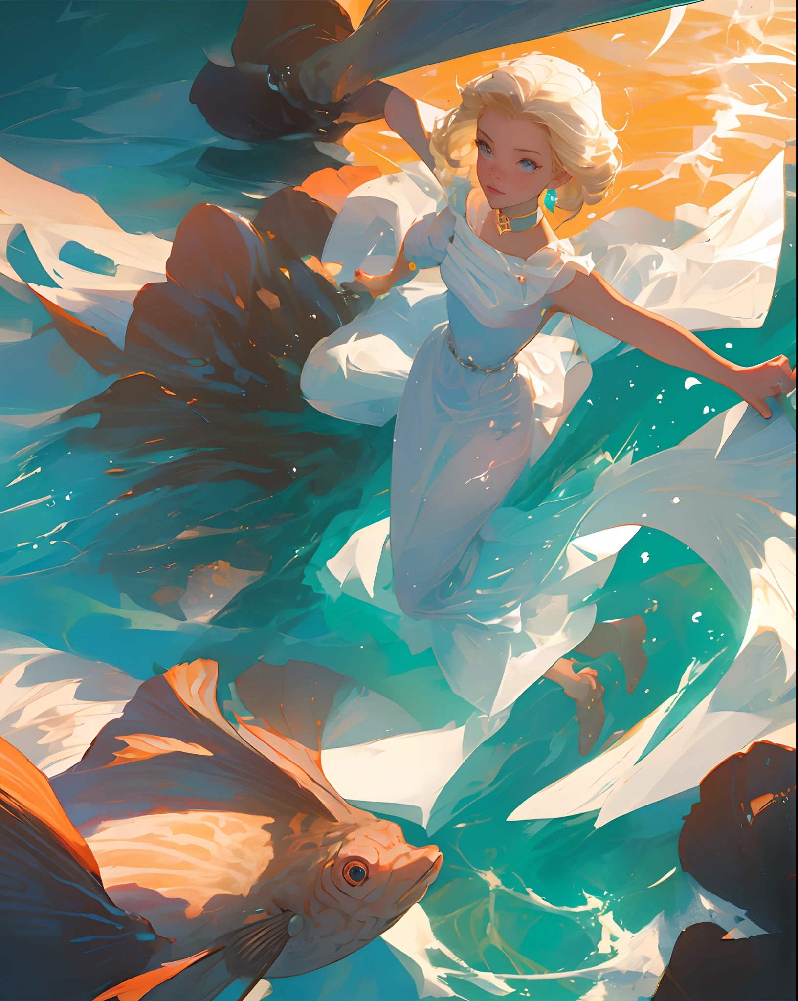 swell sea，swimming fish，Golden light，airbubble，Kizi，short detailed hair，blond hairbl，Blue pupil，Orange earrings，sea shell，White dress，frontage，Blue Themes，choker necklace，Hold hands，jelly fish，quadratic element