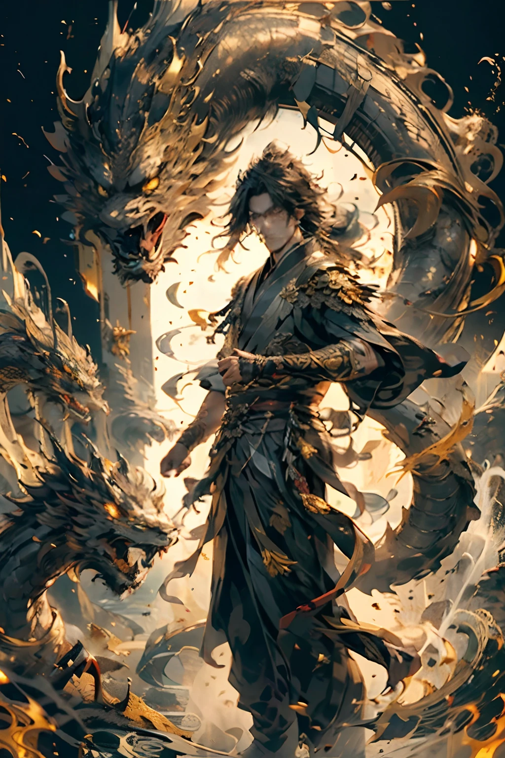 Masterpiece, Best quality, Night, full moon, 1 man, Mature man, Ancient China, Chinese palaces, eagle, Black hair, Black eyes, Split ends of hair, Long hair, Long bangs, Handsome, Diao noodles, chinese crown, Handsome, Masculine, Serious, gentle, Tall, calm, Black and gold alternating costumes, Gold pattern, Dragon pattern, prince, Sword pairing, Side, Facial details, The face is delicate