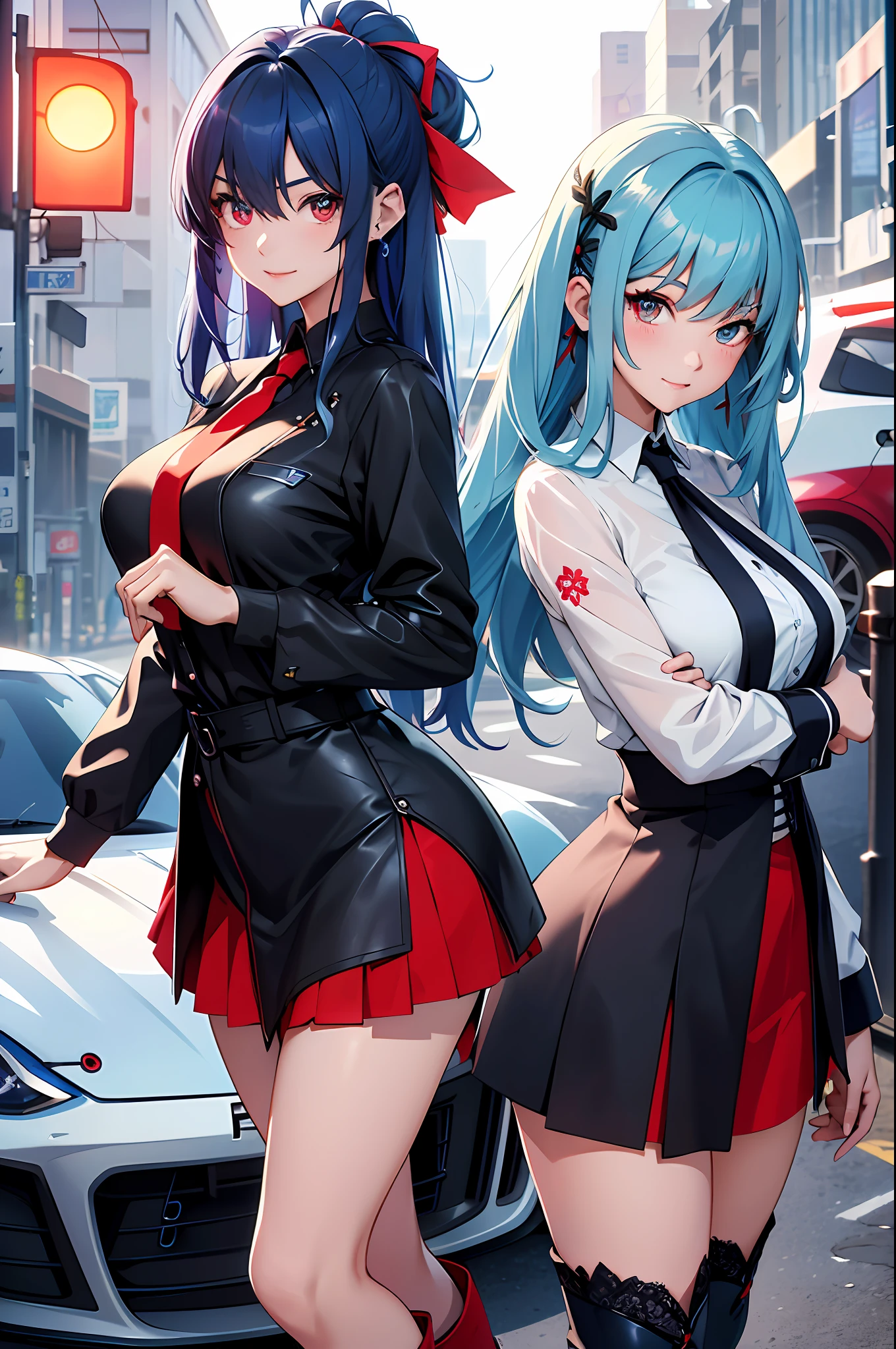 (top-quality、raw、in 8K、32K、masterpiece、nffsw、ighly detailed、Photorealsitic:1.2)、Full body, (Circuit field、sports car on the background、Fairlady Z、S30:1.4)、sunlights、deep-shadows、Realistic pupils、Sharp pupils、detailed faces and eyes、beauitful face、18Old Beautiful Girl、shinny skin, Beautiful blue hair、Twin-tailed、Red Eyes、beauitful face、Bright lace queen outfit、a miniskirt、Wearing boots、Absolute area、Tie your hair with a big red ribbon、Curve、dynamicposes、Opens mouth and laughs、