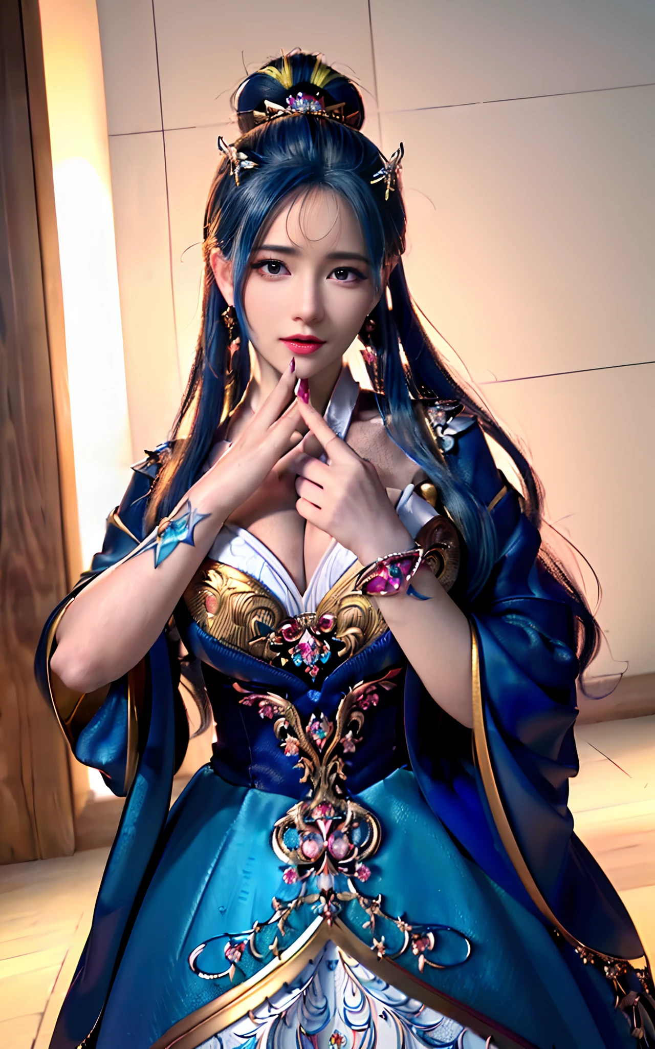 ((realisticity: 1.2)), ((realistic: 8K UHD)), ((best resolution: 8K UHD)), hyper detailed, best quality,masterpiece,highres,cg, ((1 girl hyper detailed and hyper realistic) ) , ((beautiful queen, hyper realistic and hyper detailed)),((white skin, beautiful, smooth, youthful, hyper realistic and hyper detailed )), ((Face hyper beautiful, white, hyper realistic and hyper detailed ) ), long hair, ((hyper realistic and hyper detailed dress)), solo, ((hyper realistic, hyper beautiful, beautiful and hyper detailed jewelry)), ((hyper beautiful deep red and golden yellow dress, hyper realistic and hyper detailed )) , ((Her pretty, hyper realistic, hyper detailed diamond filled earrings)), ((Her gorgeous diamond haircut, hyper realistic and hyper detailed)), ((hyper pretty upper body, hyper beautiful, hyper realistic and hyper detailed) ), ((medium breast: 1.1)), ((hyper realistic, hyper pretty, hyper detailed boobs)), ((the backgroun of the royal palace is hyper majestic, hyper realistic and hyper detailed)),((hands and palms hyper beautiful, hyper detailed, hyper realistic)), ((hyper detailed and hyper realistic fingers and fingernails)), ((hyper pretty fingernails, hyper vivid, hyper detailed, hyper realistic)), ((thumb, index finger, middle finger, ring finger, little finger hyper vivid, hyper pretty, hyper detailed, hyper realistic)),
((hyper beautiful fingers, hyper detailed, and hyper realistic)), ((posture not too fat and not too thin, hyper realistic, hyper detail)), ((hyper pretty, hyper pretty, hyper realistic and hyper detailed hair bun)), ((hyper pretty , hyper realistic and hyper detailed blue hair)), candid, Photo, high resolution, 8k , bokeh,