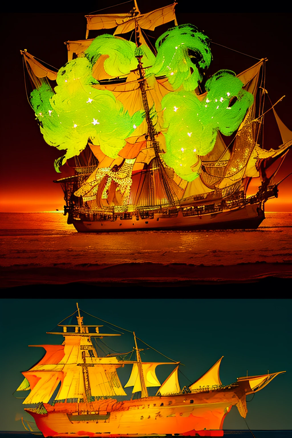extremely detailed 8k wallpaper,(highly detailed:1.1), ((masterpiece:1.1)),[anime:Impasto:0.5], intricate , fantasy,(1ship),(ocean:1.2),[golden boat:golden boat with (green fire:1.2):0.1], clear sky ,wind ,beautiful sky,(nightsky),(galaxy), (huge blood moon in the background:1.05)